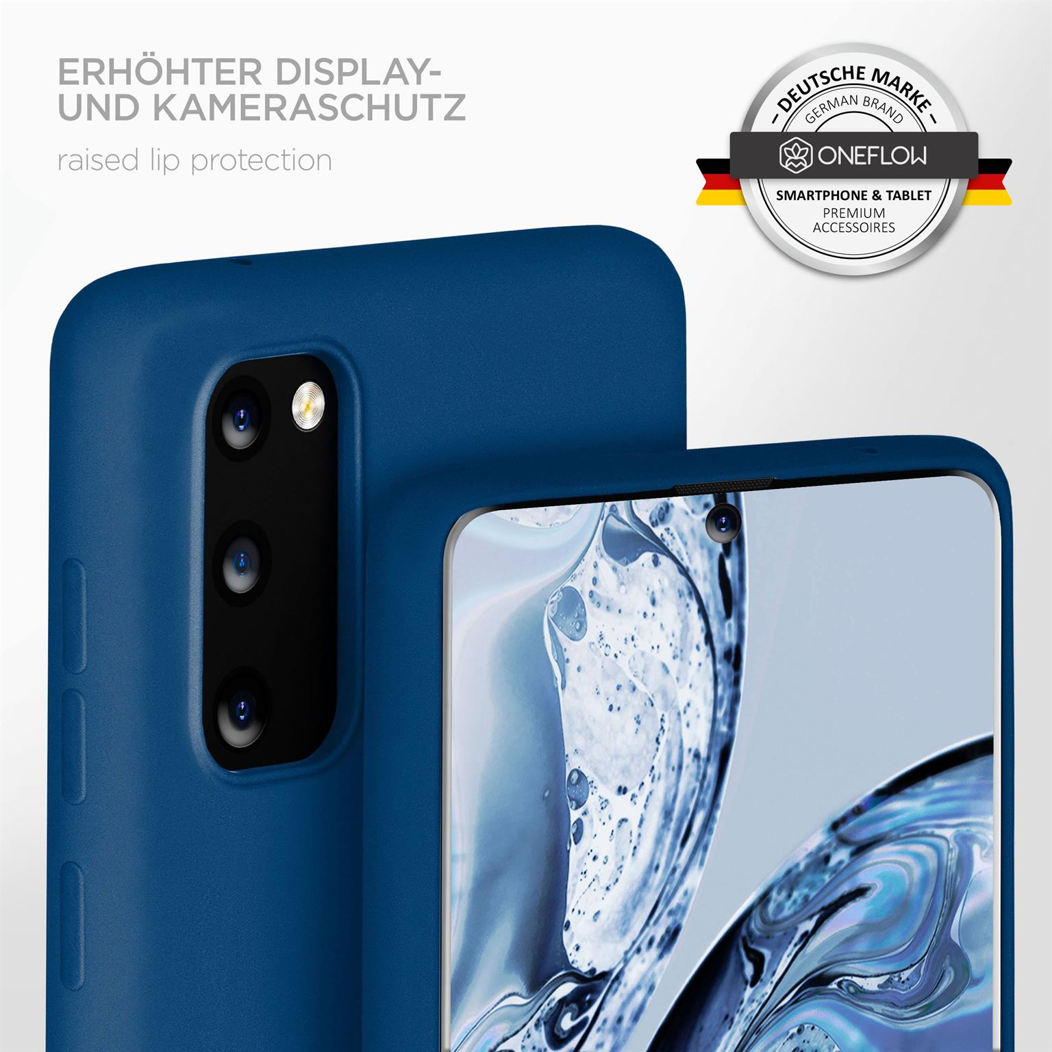 Eine dunkelblaue Handyhülle um ein Telefon. Text: erhöhter Display- und Kameraschutz. Oneflow und deutsche Markenlogos.