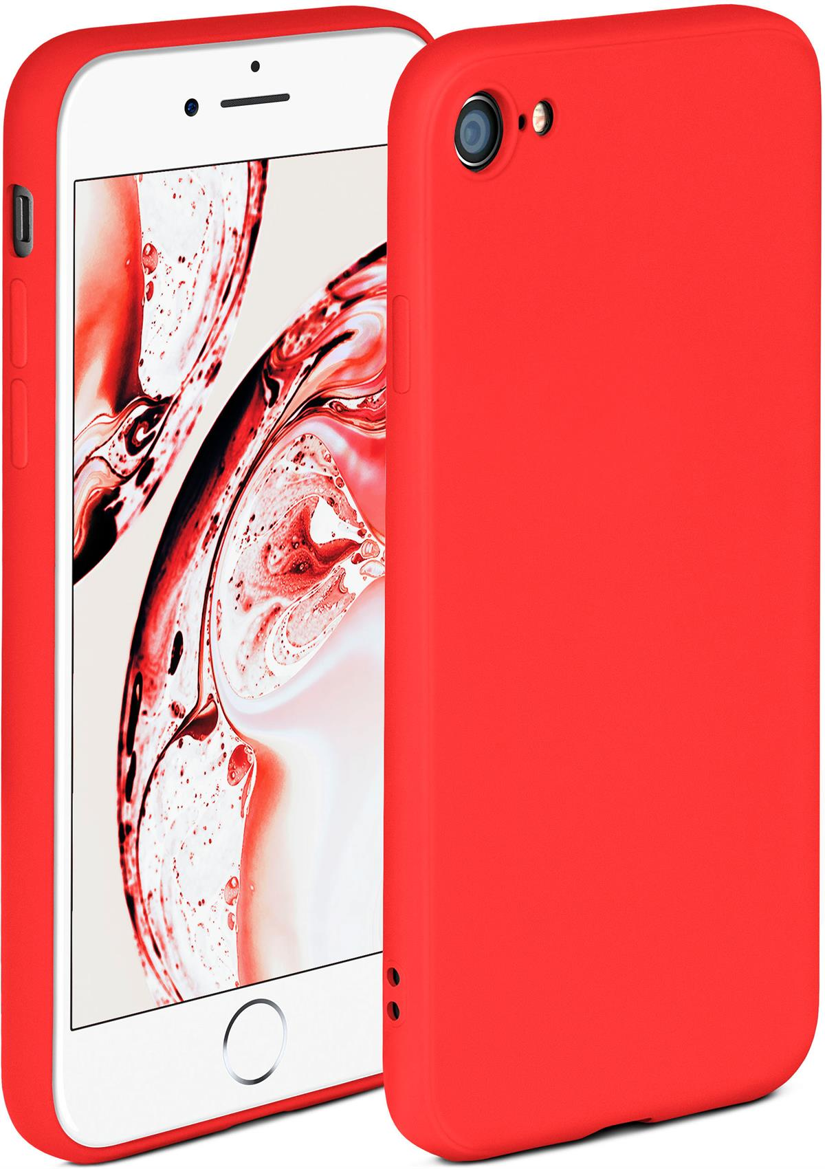 Rotes Telefon in roter Hülle, mit weißem Bildschirm.