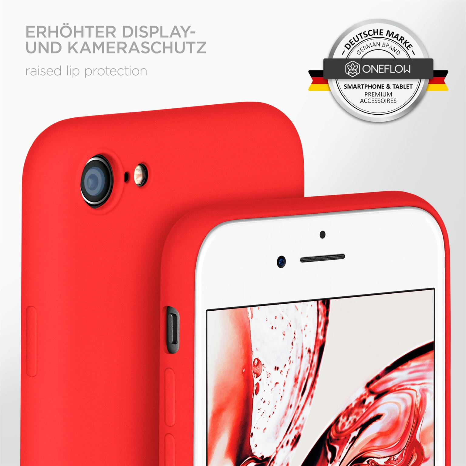 Rote Handyhülle mit weißem Telefon, Kamera und erhöhten Lippenschutz zeigend.