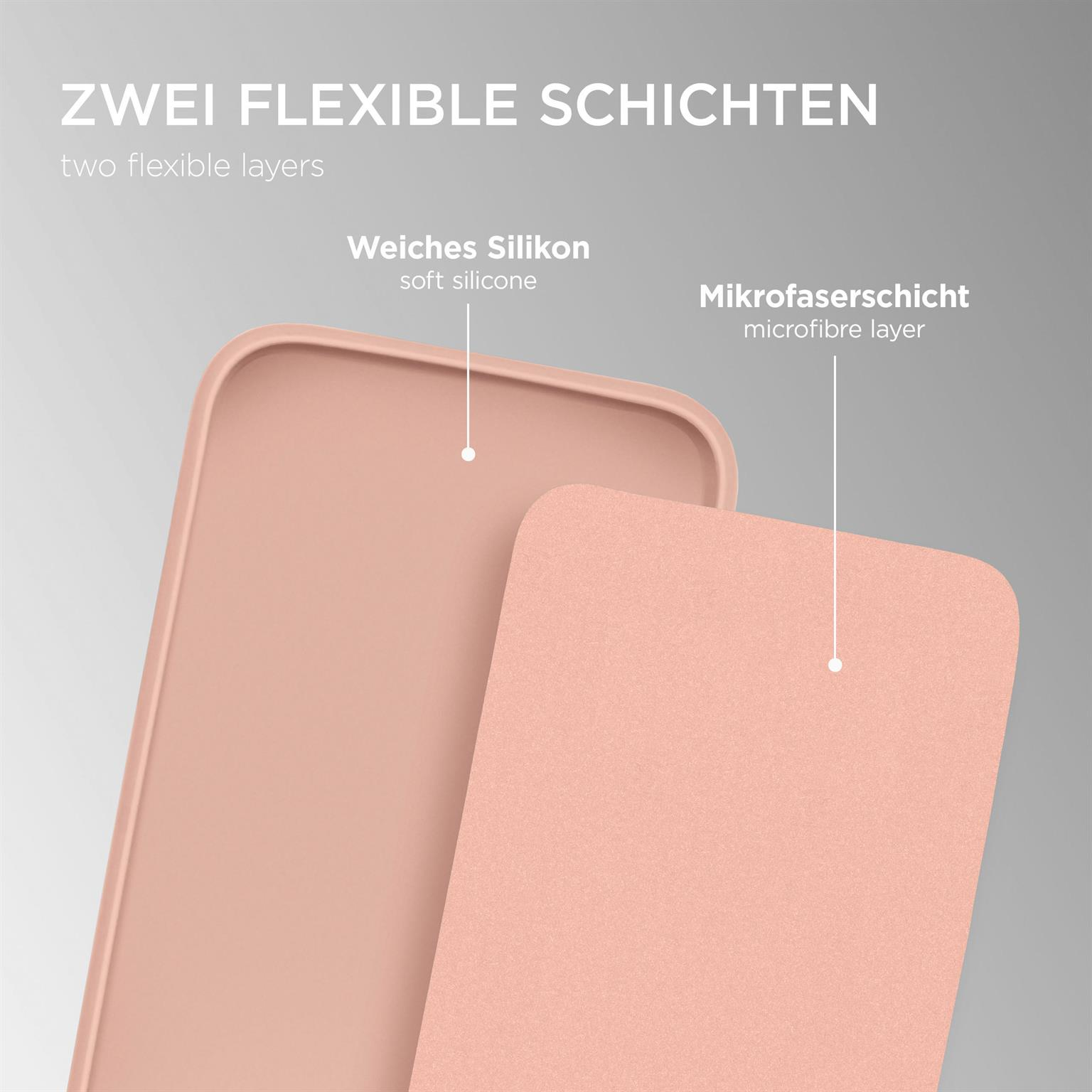 Zwei Schichten Handyhülle. Eine ist rosa, die andere hellrosa. Text oben drauf.