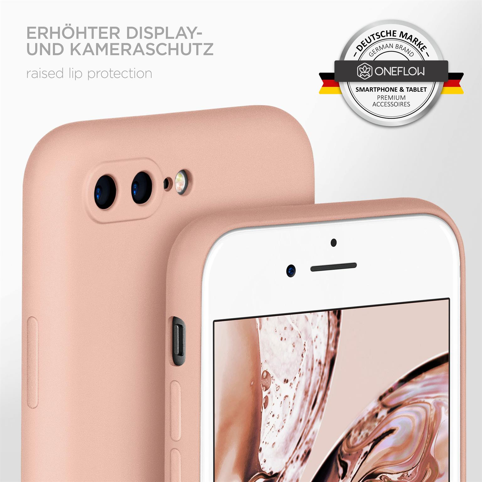 Eine rosa Handyhülle mit einem Telefon darin wird gezeigt. Die Hülle schützt Kamera und Bildschirm.