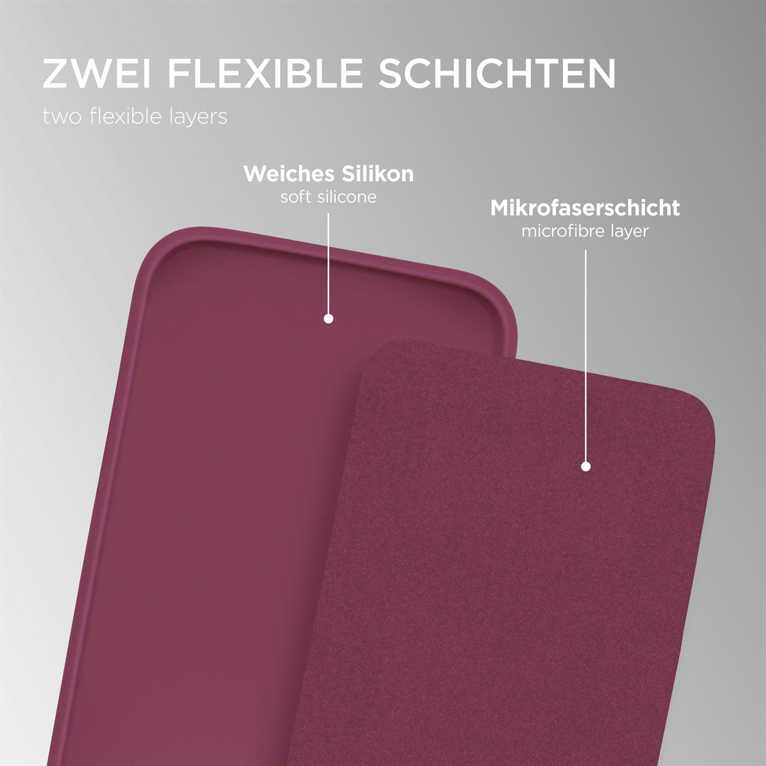 Zweischichtige Handyhülle, burgunderfarben, mit weichem Silikon und Mikrofaserschicht.