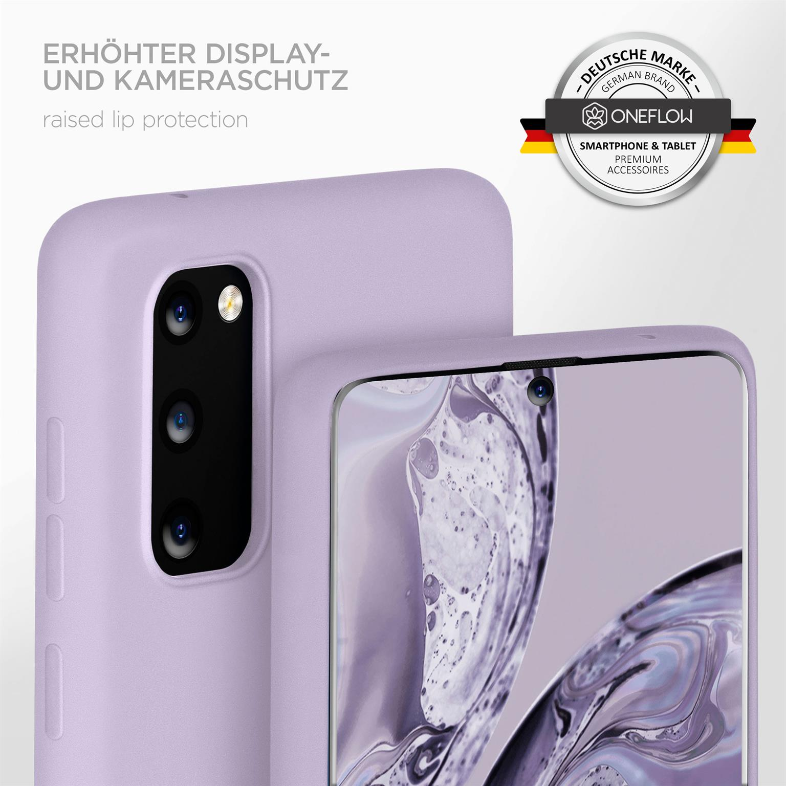 Eine Handyhülle ist lila. Ein Telefon ist darin. Text: Erhöhter Lippenschutz.