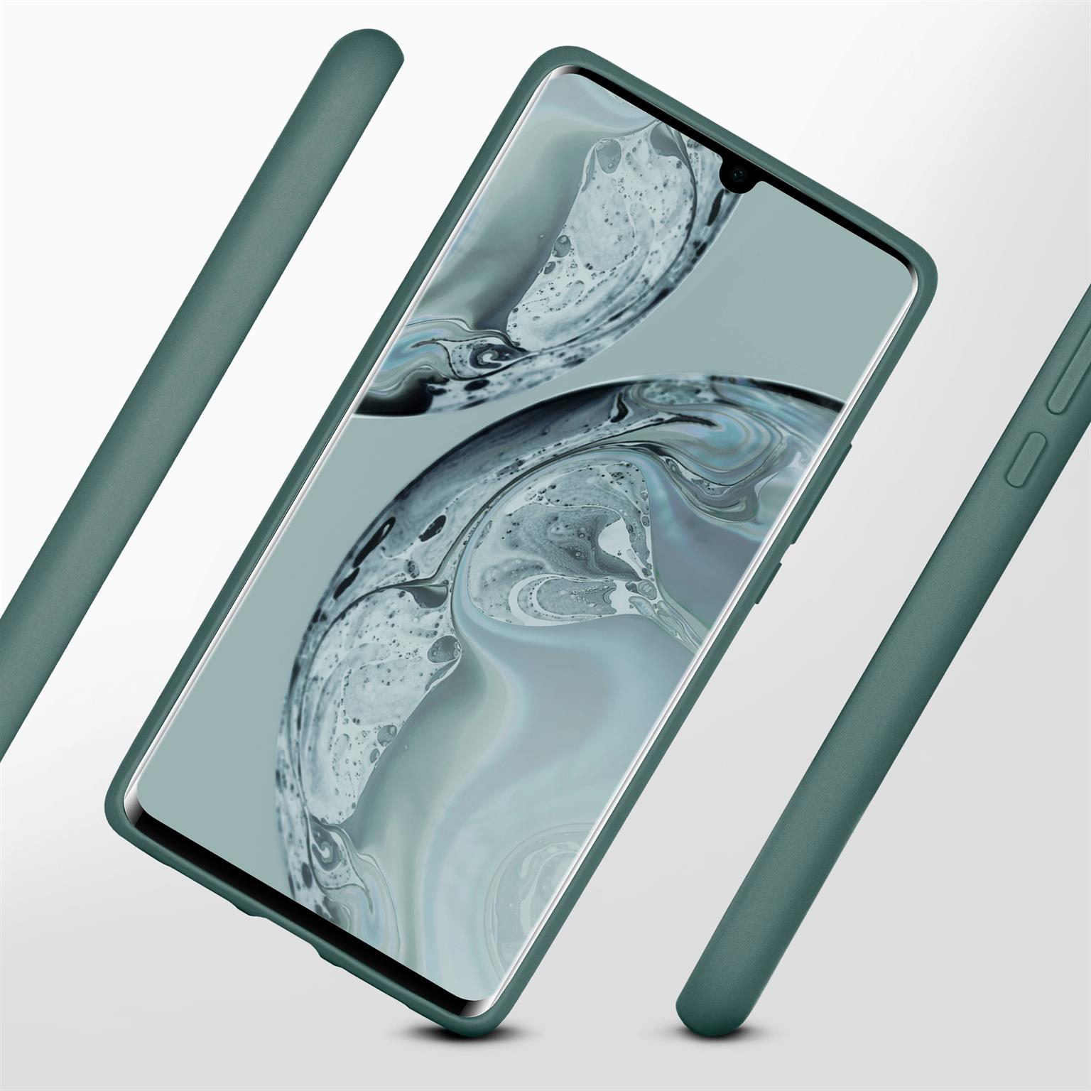 Türkisfarbene Handyhülle mit einem Telefon darin, mit weißem Hintergrund.