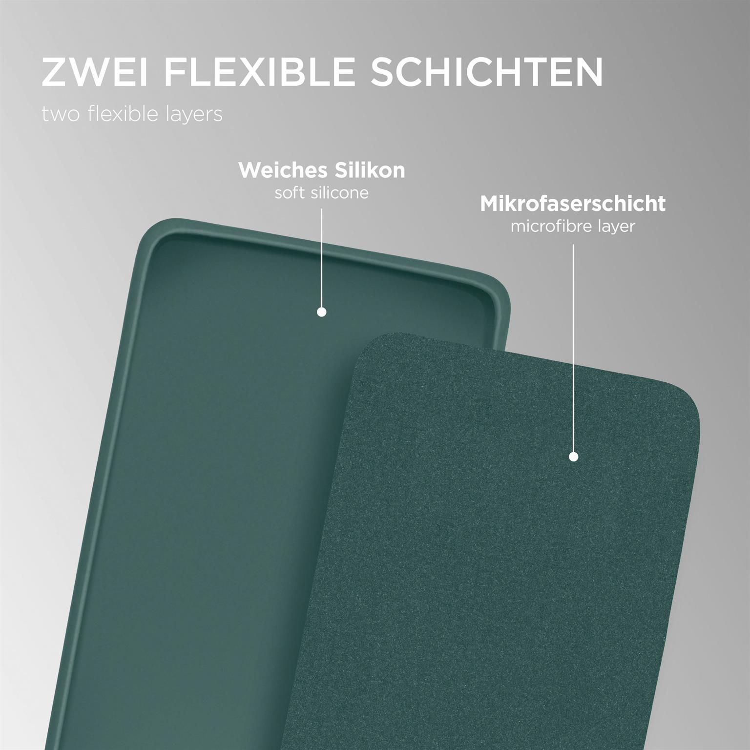 Zwei flexible Schichten einer Handyhülle. Text: Weiches Silikon, Mikrofaserschicht.