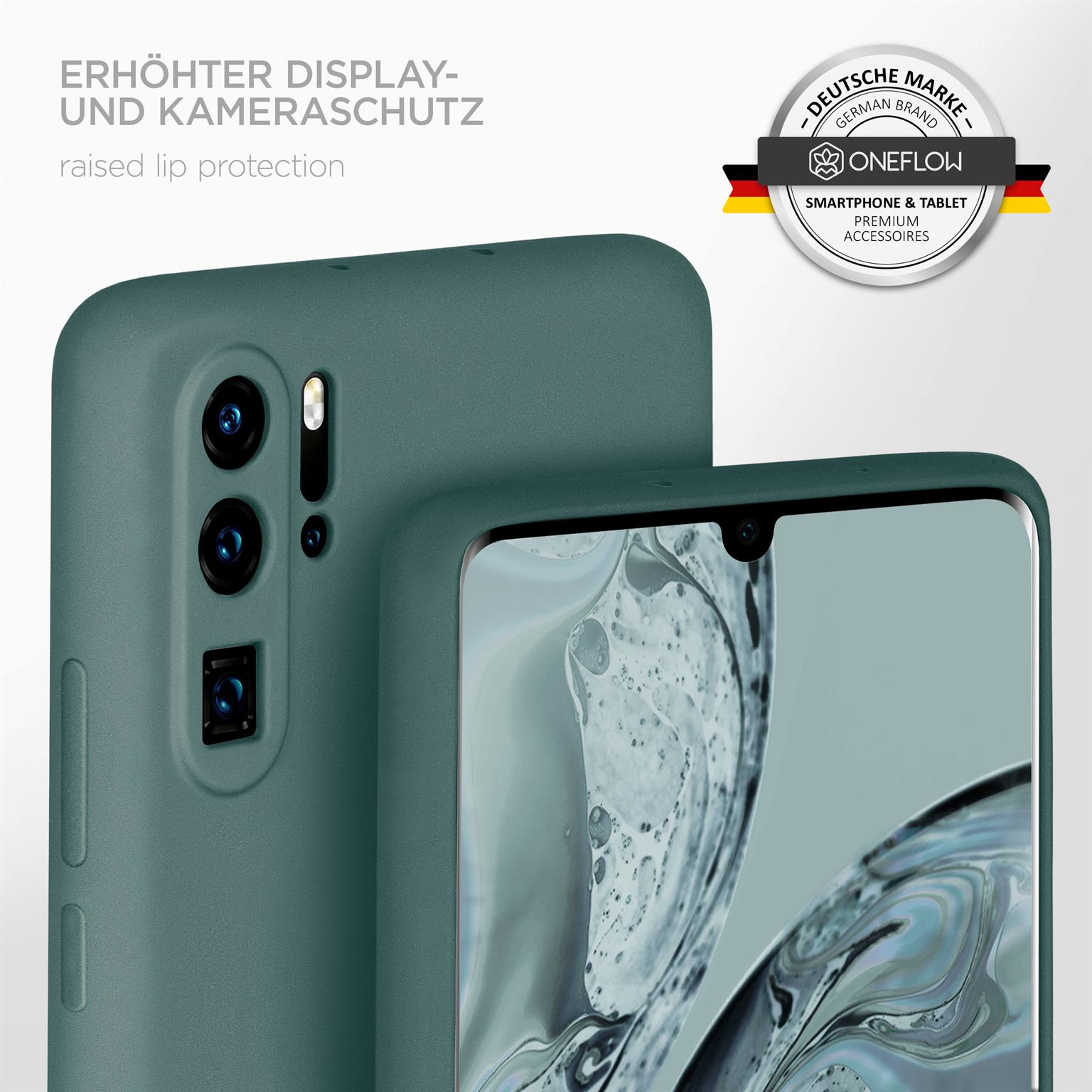 Nahaufnahme von zwei Handyhüllen. Eine ist auf einem Telefon. Die Hüllen sind grün, mit Oneflow-Logo.