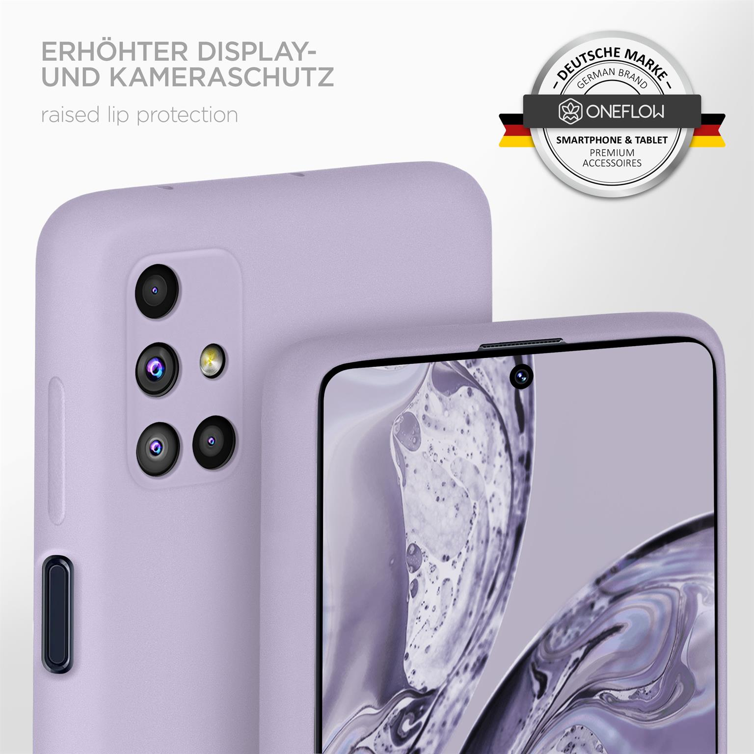 Ein Telefon mit lila Hülle. Die Hülle hat erhöhte Kanten und eine Kamera. Das Telefon hat einen Bildschirm.