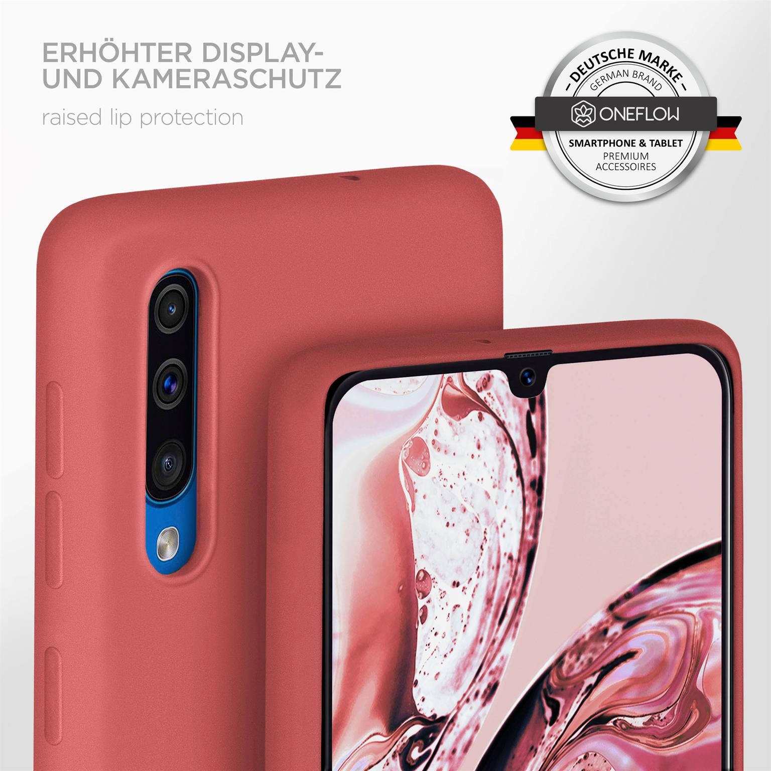 Rote Handyhülle auf einem Telefon, zeigt erhöhten Lippenschutz für Kamera und Bildschirm.