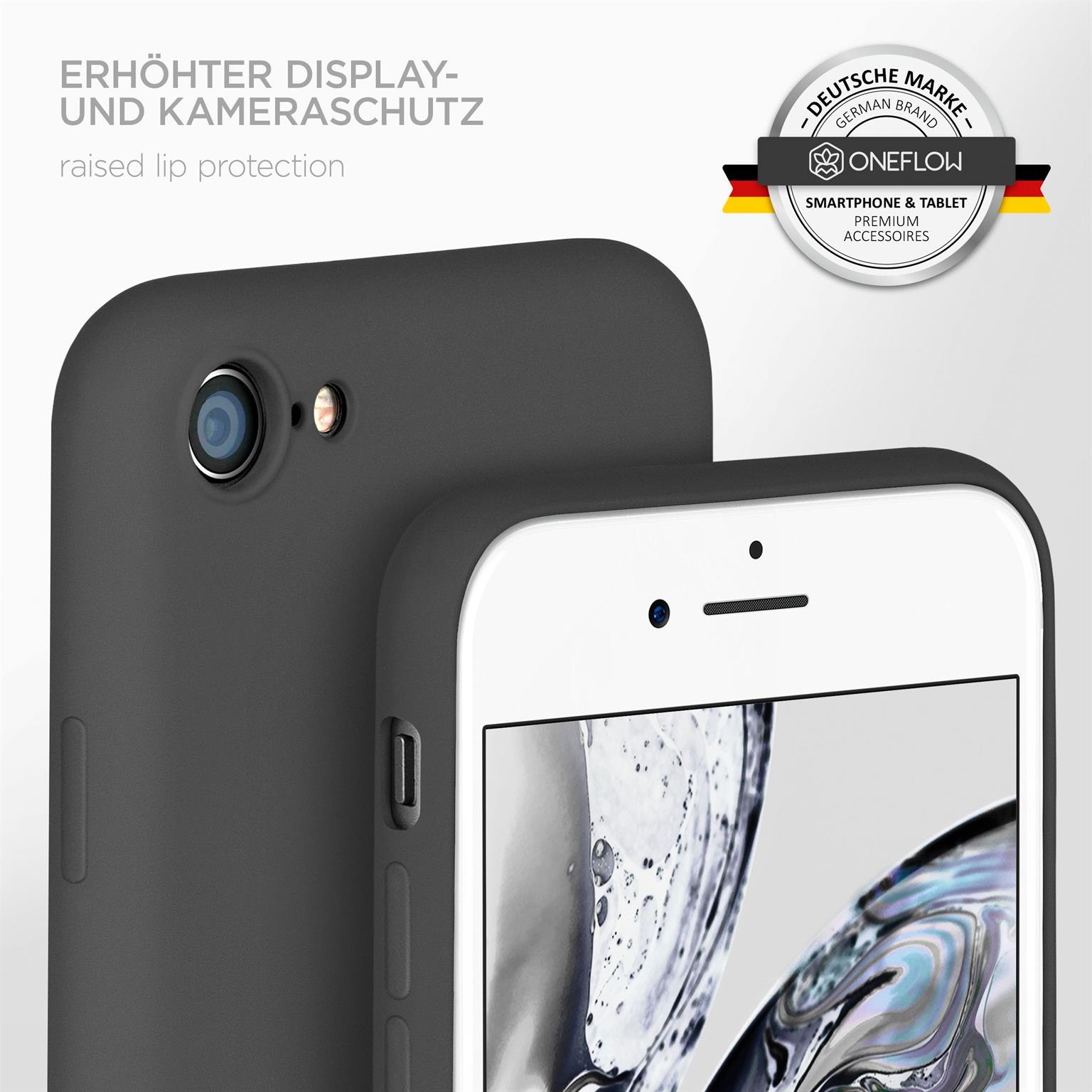 Eine schwarze Handyhülle mit einem weißen Telefonbildschirm. Ein Abzeichen und die Worte "erhöhter Lippenschutz" sind sichtbar.