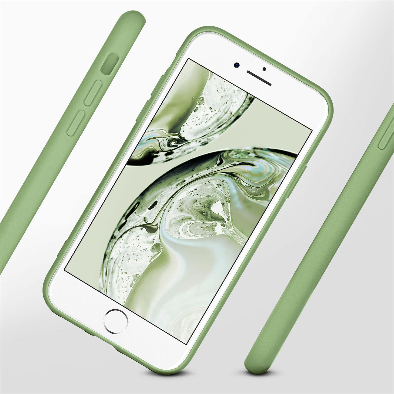 Grünes Telefon in grüner Hülle, mit zwei Gehäuseseiten. Display zeigt grün-weißes Bild.