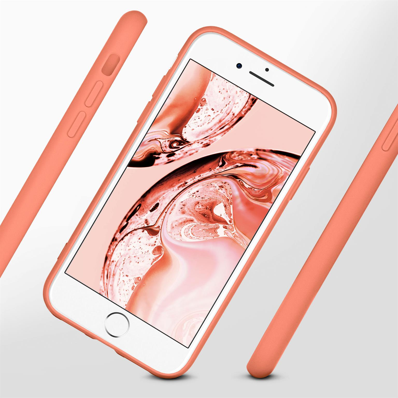 Smartphone in einem korallenfarbenen Gehäuse mit einem Bildschirm, der ein abstraktes Design zeigt.
