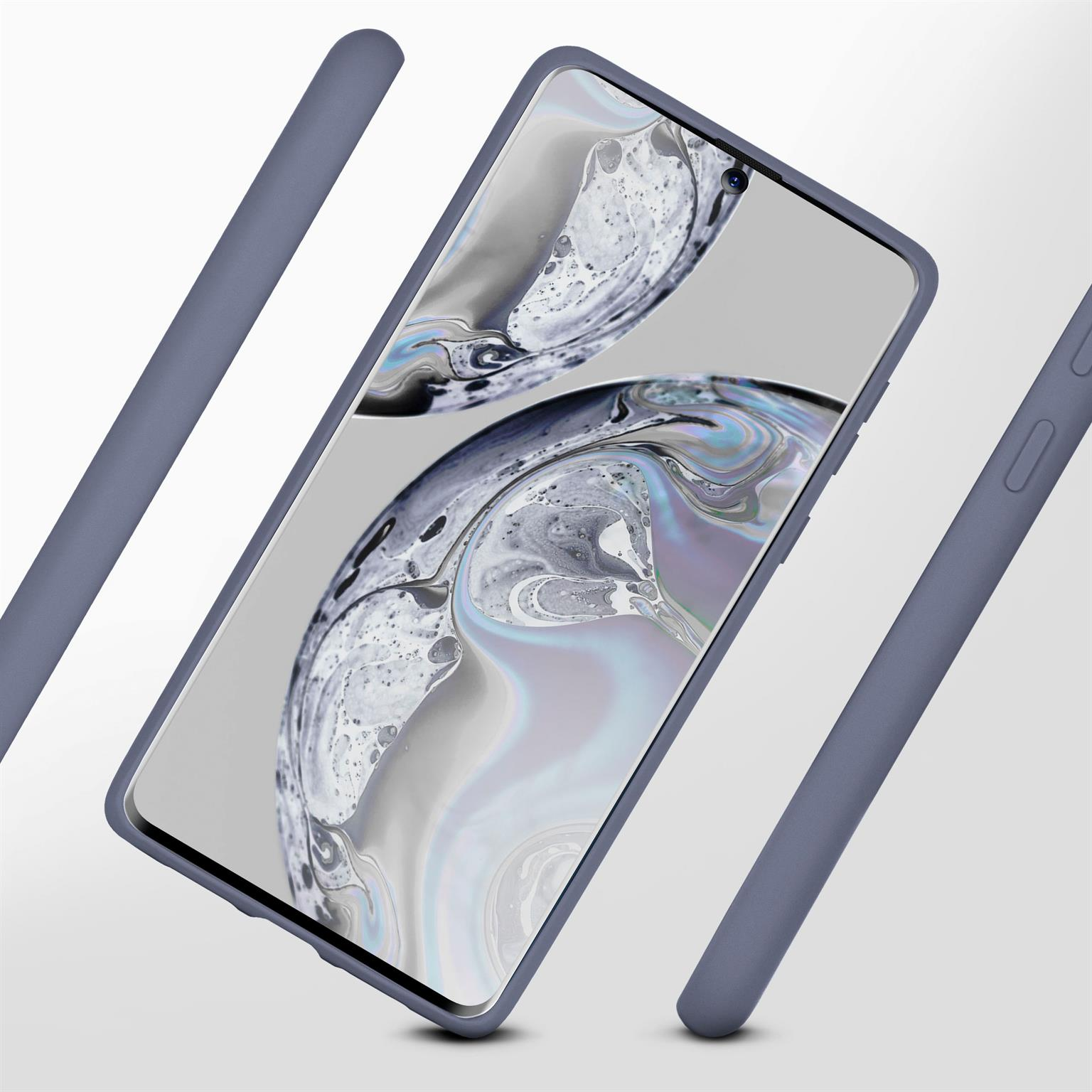Blaue Handyhülle mit Telefon. Telefonbildschirm sichtbar. Zwei weitere Teile der Hülle.