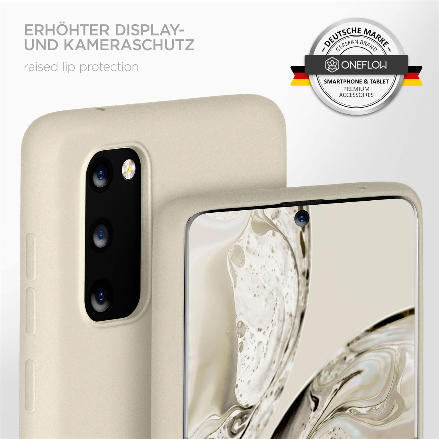 Eine Smartphone-Hülle mit einem Telefon darin. Text und ein Logo befinden sich im Hintergrund.