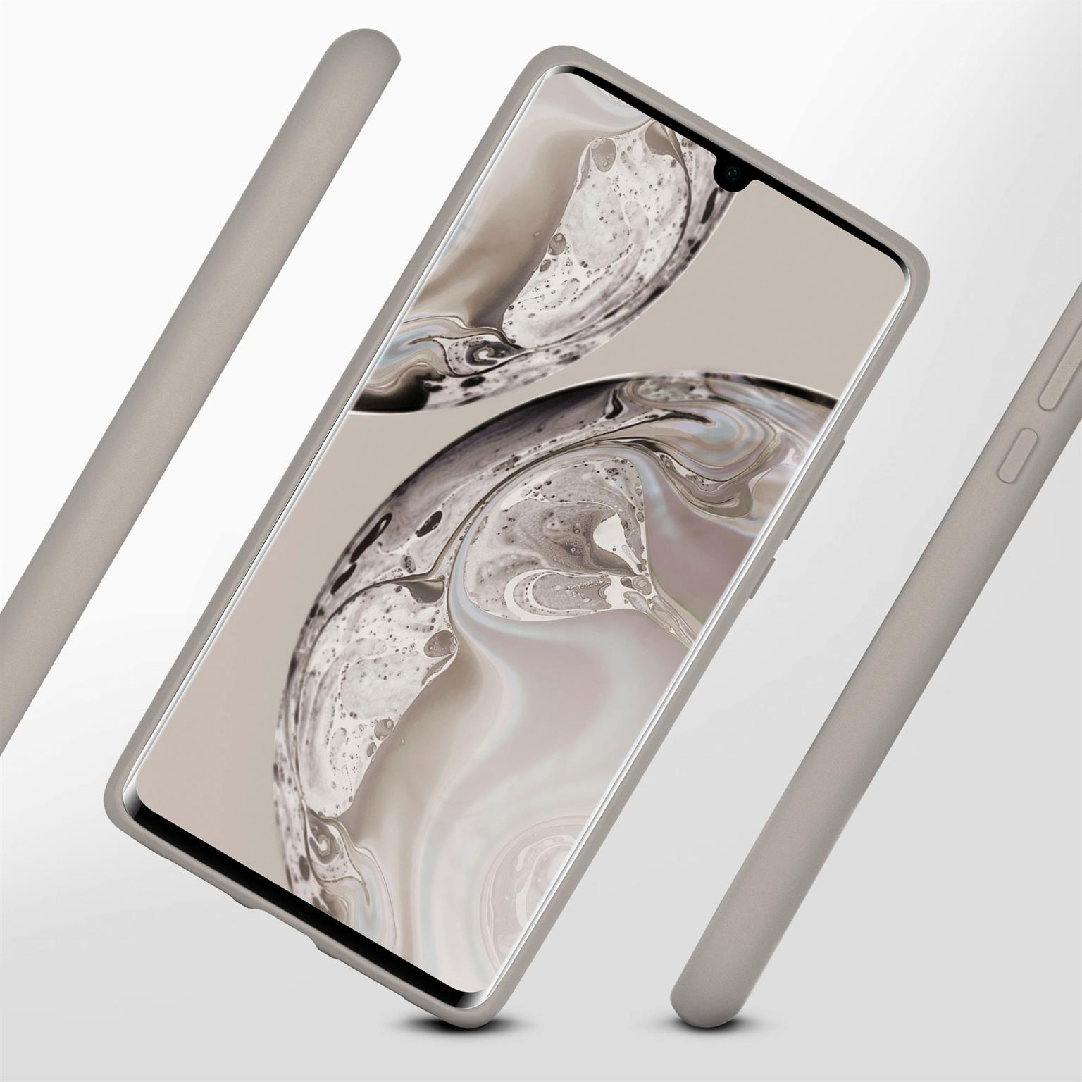 Graue Handyhülle mit Telefon darin, umgeben von grauen Elementen auf hellem Hintergrund.