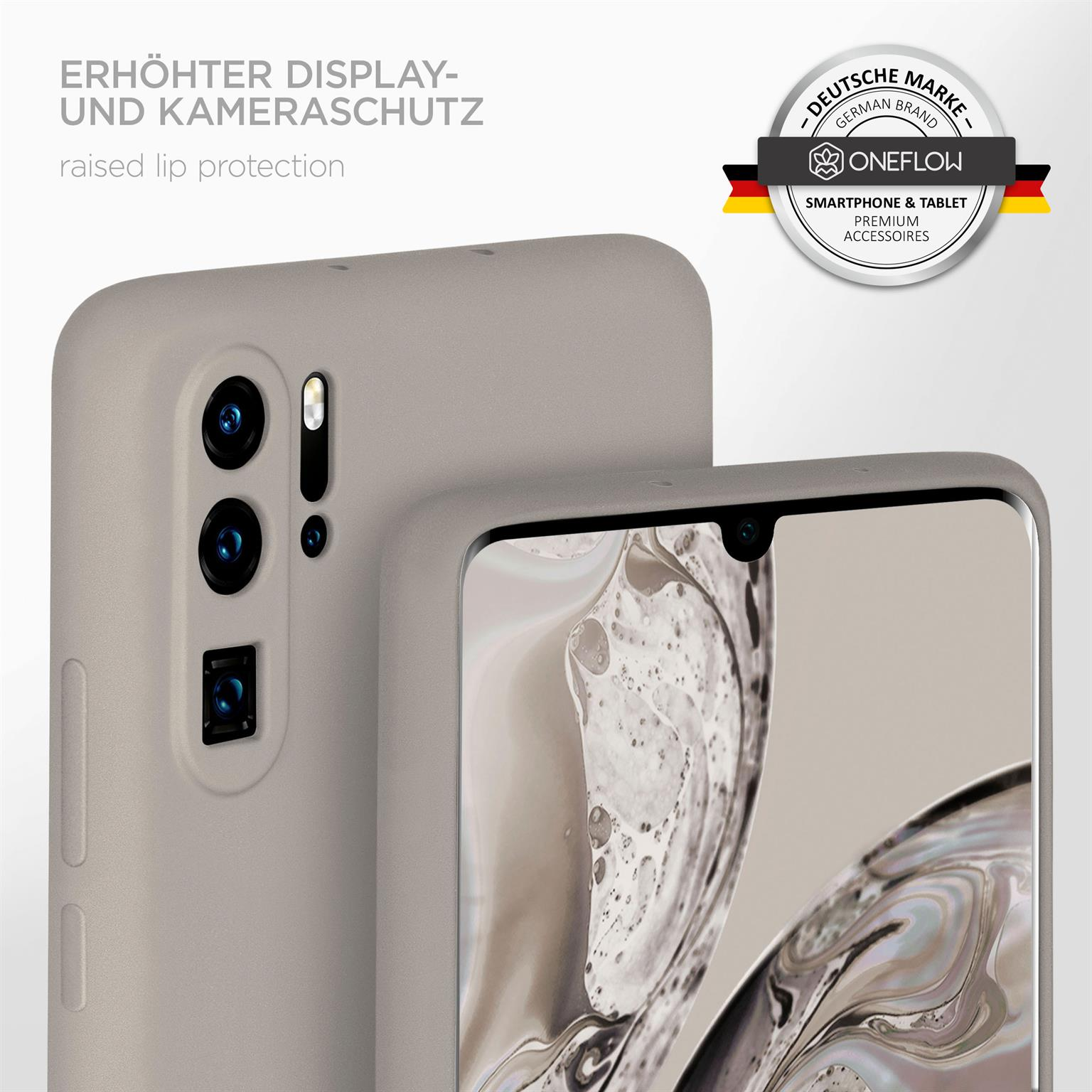 Ein Telefon in einer hellgrauen Hülle mit erhöhtem Lippenschutz. Ein deutsches Markenlogo.