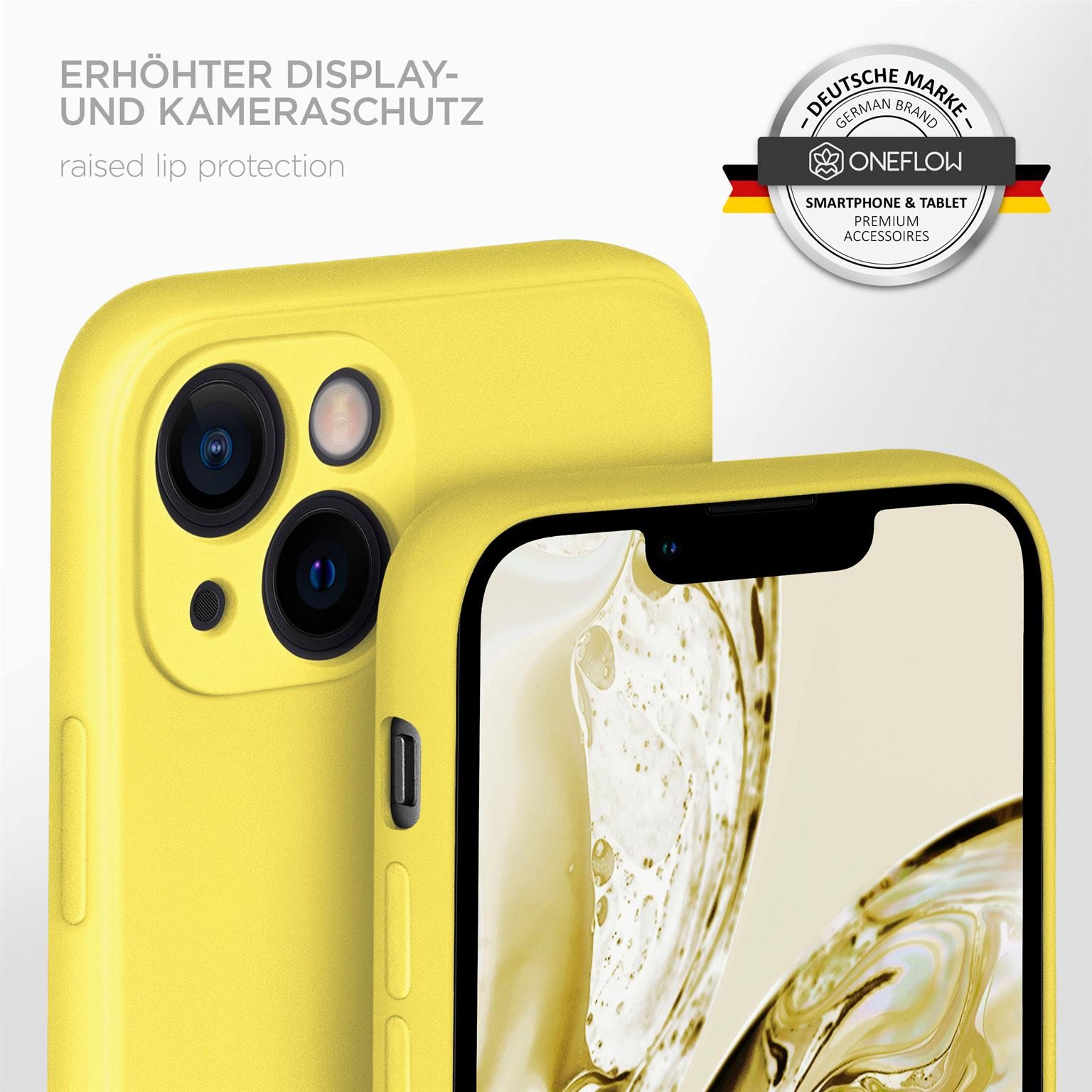 Gelbe Handyhülle mit Telefon. Text: erhöhter Displayschutz. Deutsches Markenlogo.