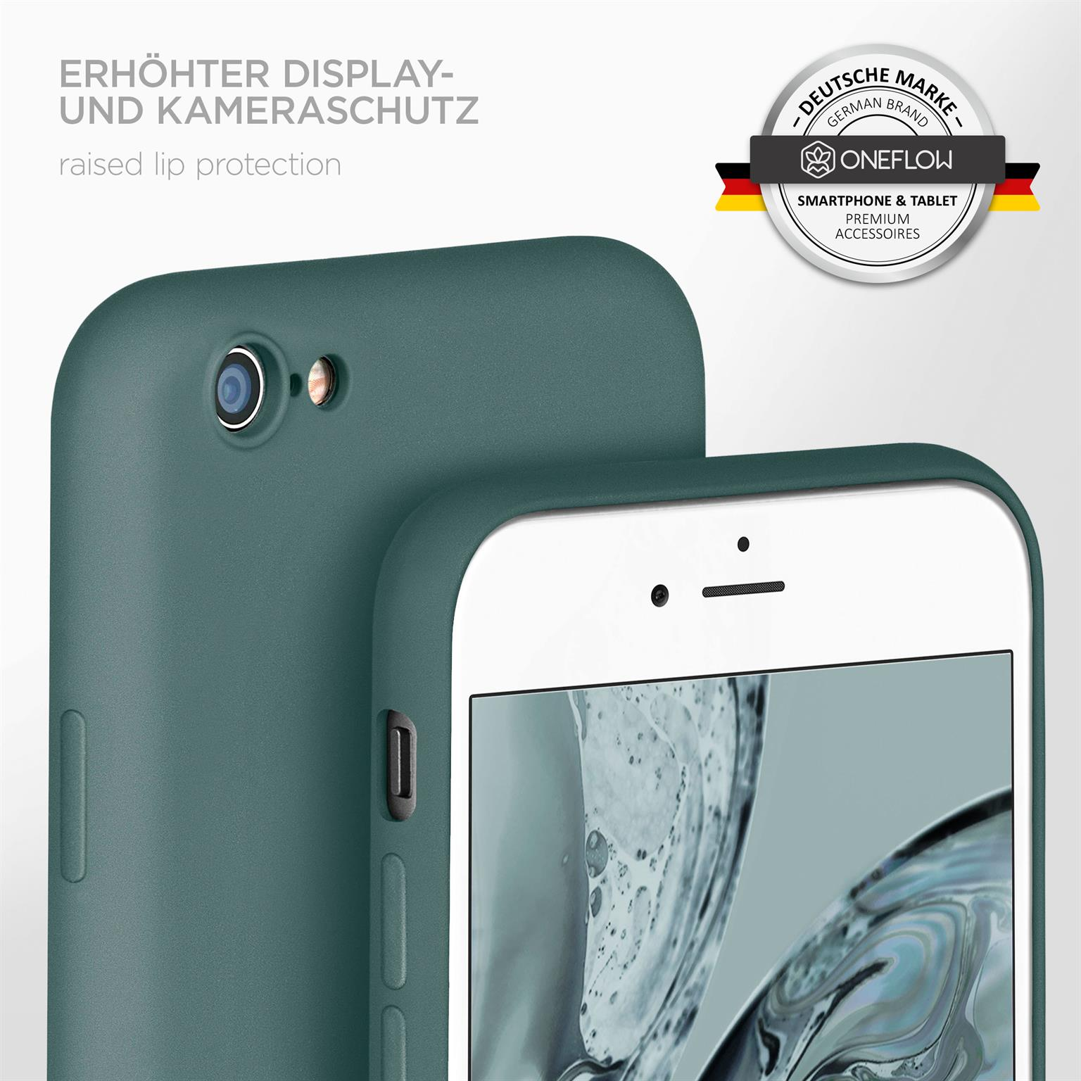 Grüne Handyhülle auf weißem Telefon. Erhöhter Displayschutz, deutsches Markenlogo.
