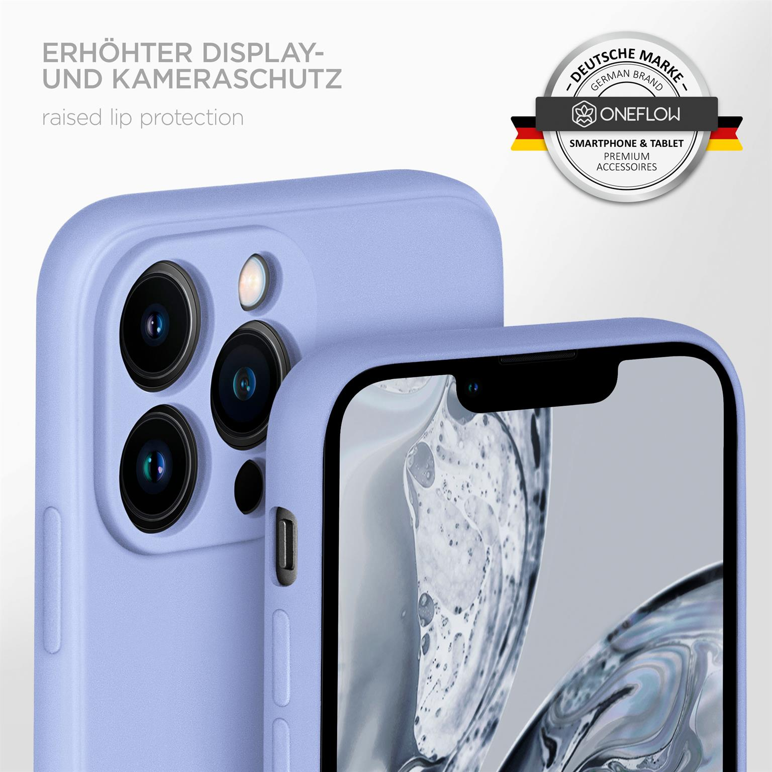 Lila Handyhülle auf einem Telefon, erhöhter Lippenschutz, Produktbranding sichtbar.