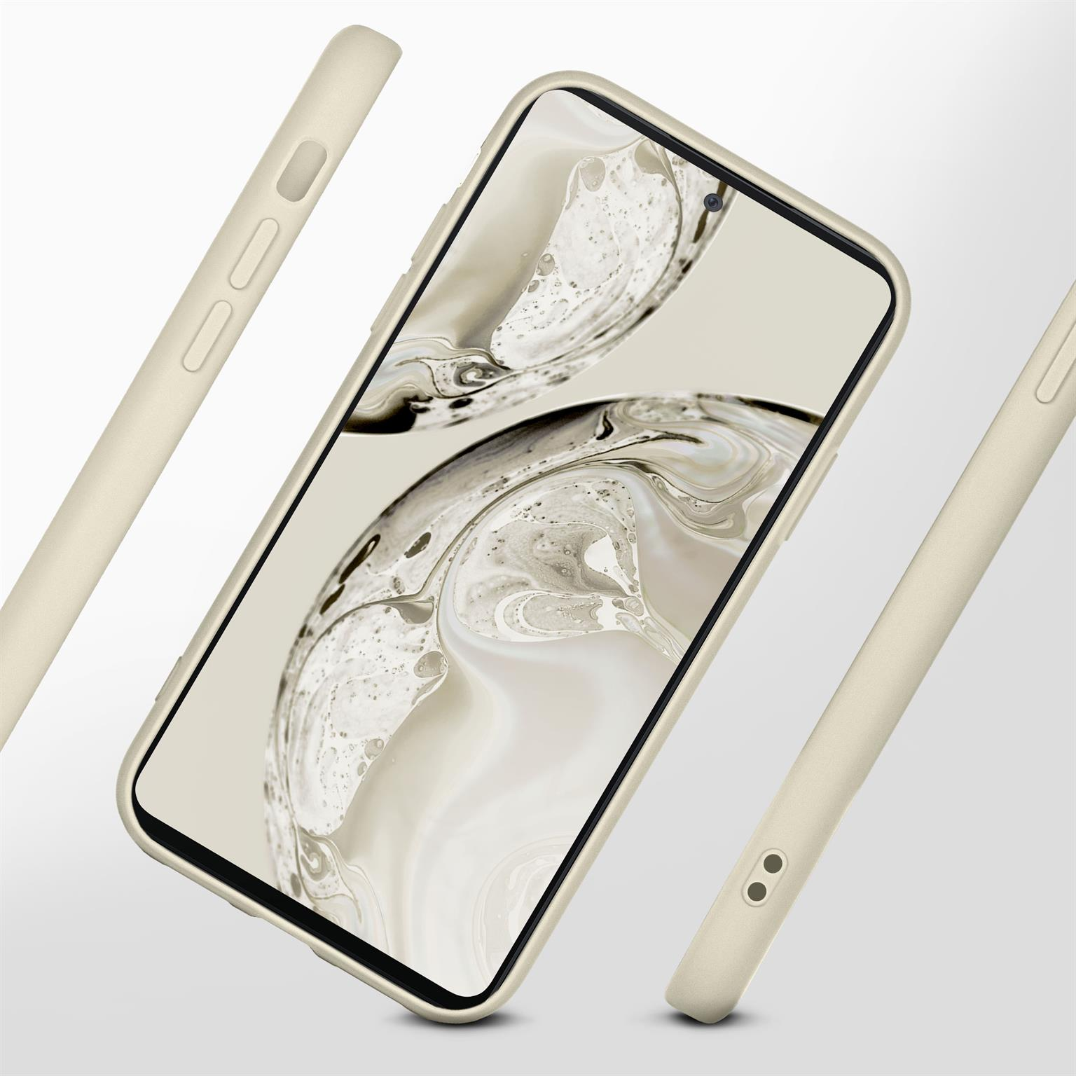 Telefon in beiger Hülle, angewinkelt. Beige Balken an den Seiten. Weißer Hintergrund.