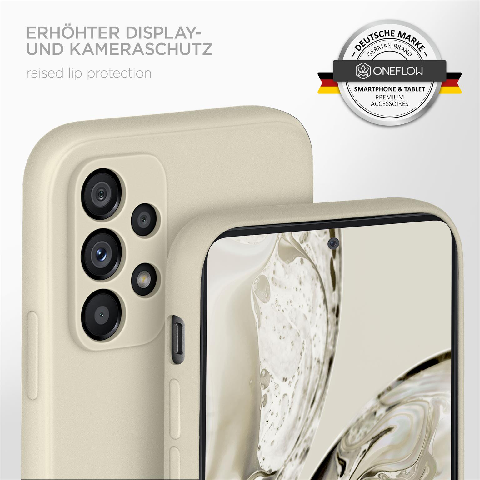 Telefon in beigem Gehäuse. Oneflow-Logo sichtbar. Text: erhöhter Display- und Kameraschutz.