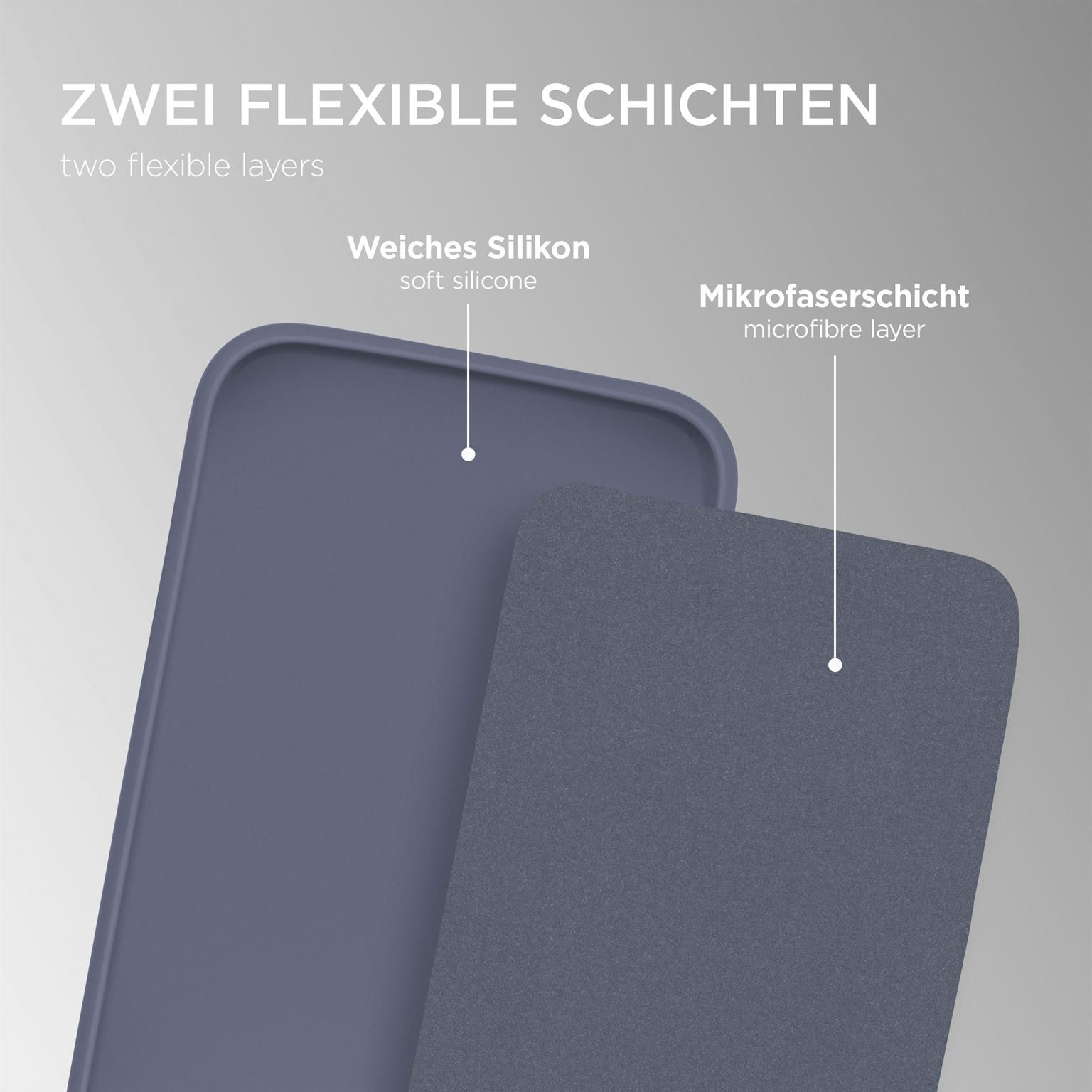 Zwei Handyhüllen, eine aus weichem Silikon und eine Mikrofaser-Schicht, in Lila und Grau.