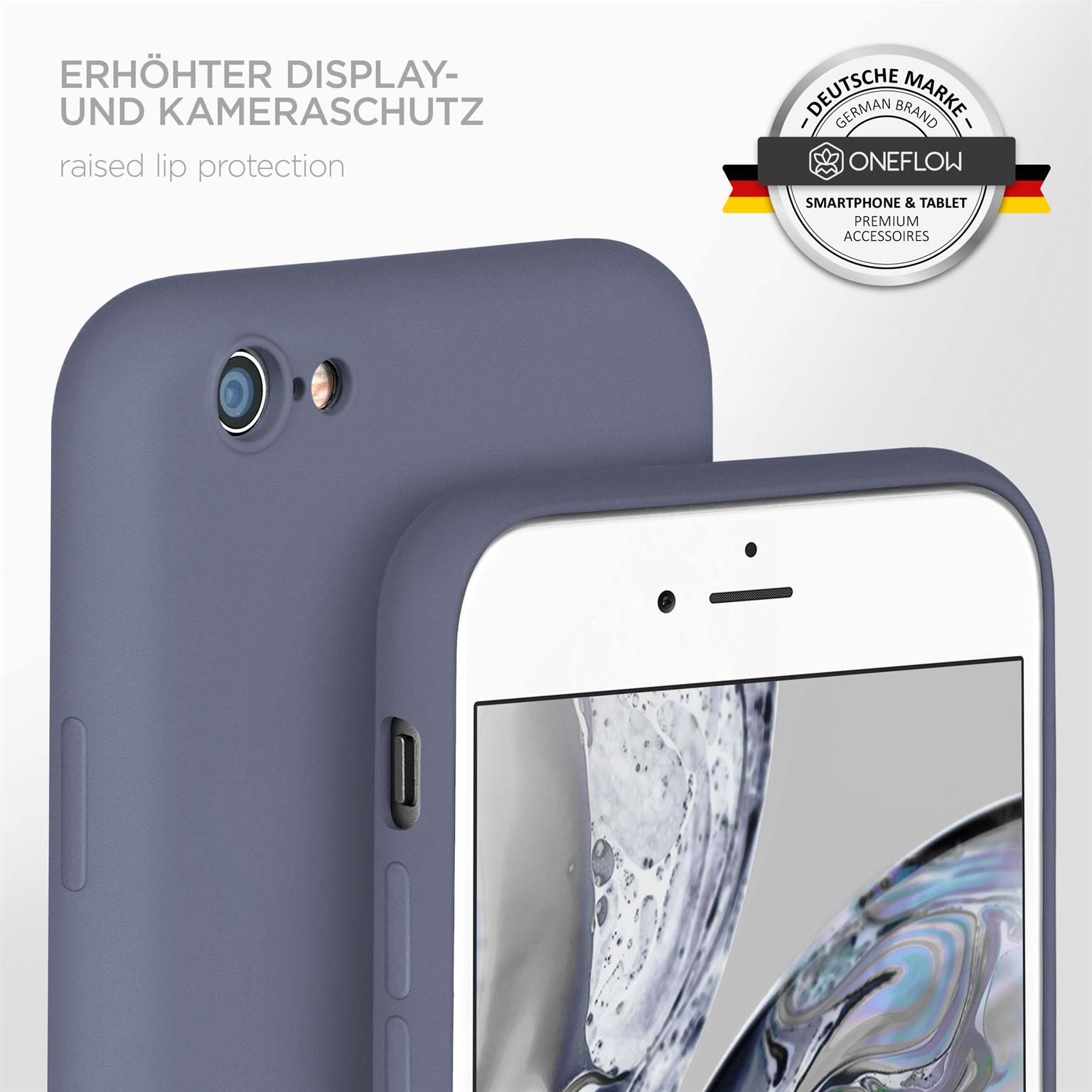 Ein lila Telefon in einer Hülle. Die Hülle hat erhöhten Lippenschutz.