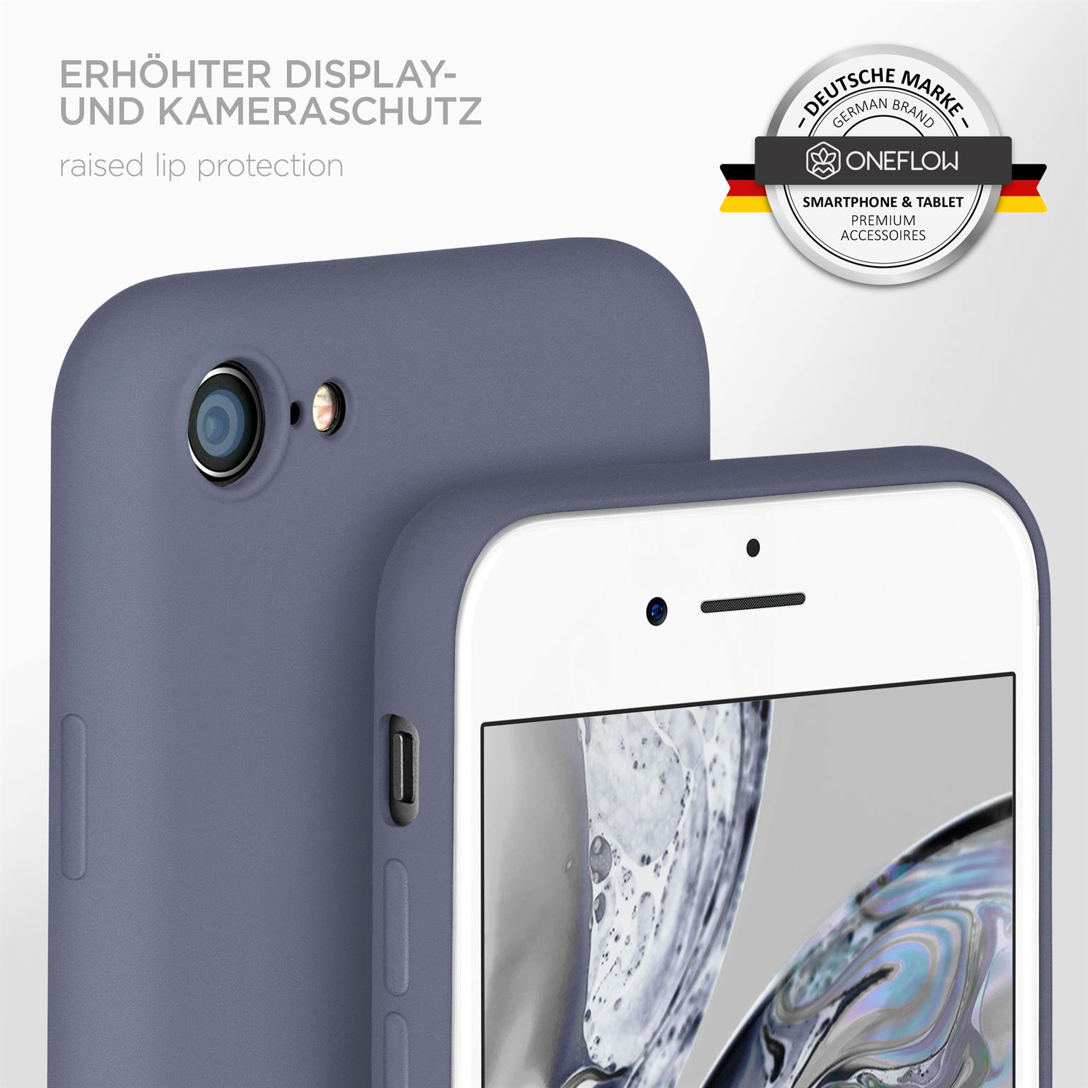 Lila Handyhülle mit einem Telefon. Das Telefon hat einen weißen Bildschirm. Weißer Hintergrund.