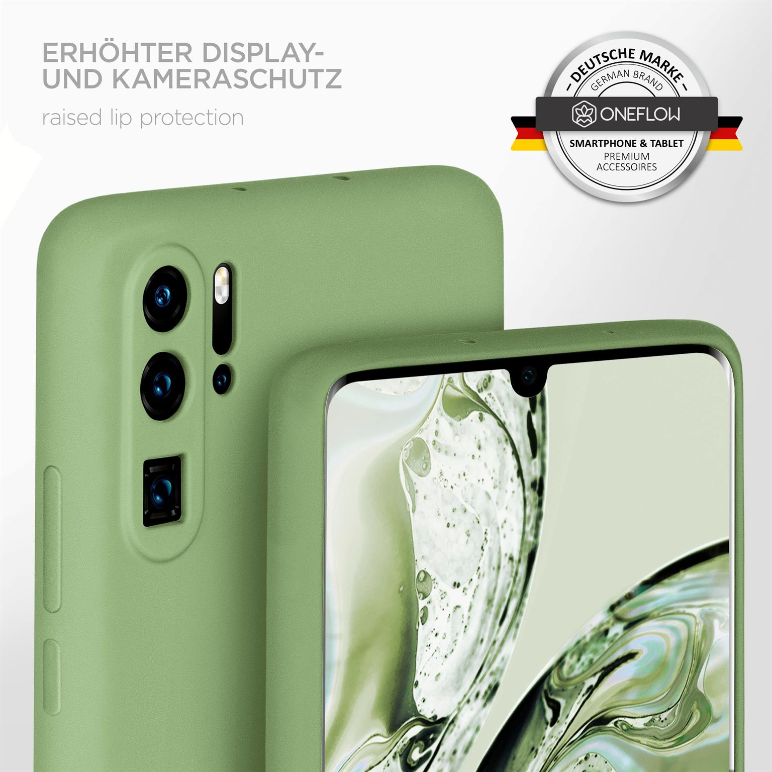 Eine grüne Handyhülle mit einem Telefon darin. Oben rechts ist ein Logo zu sehen.