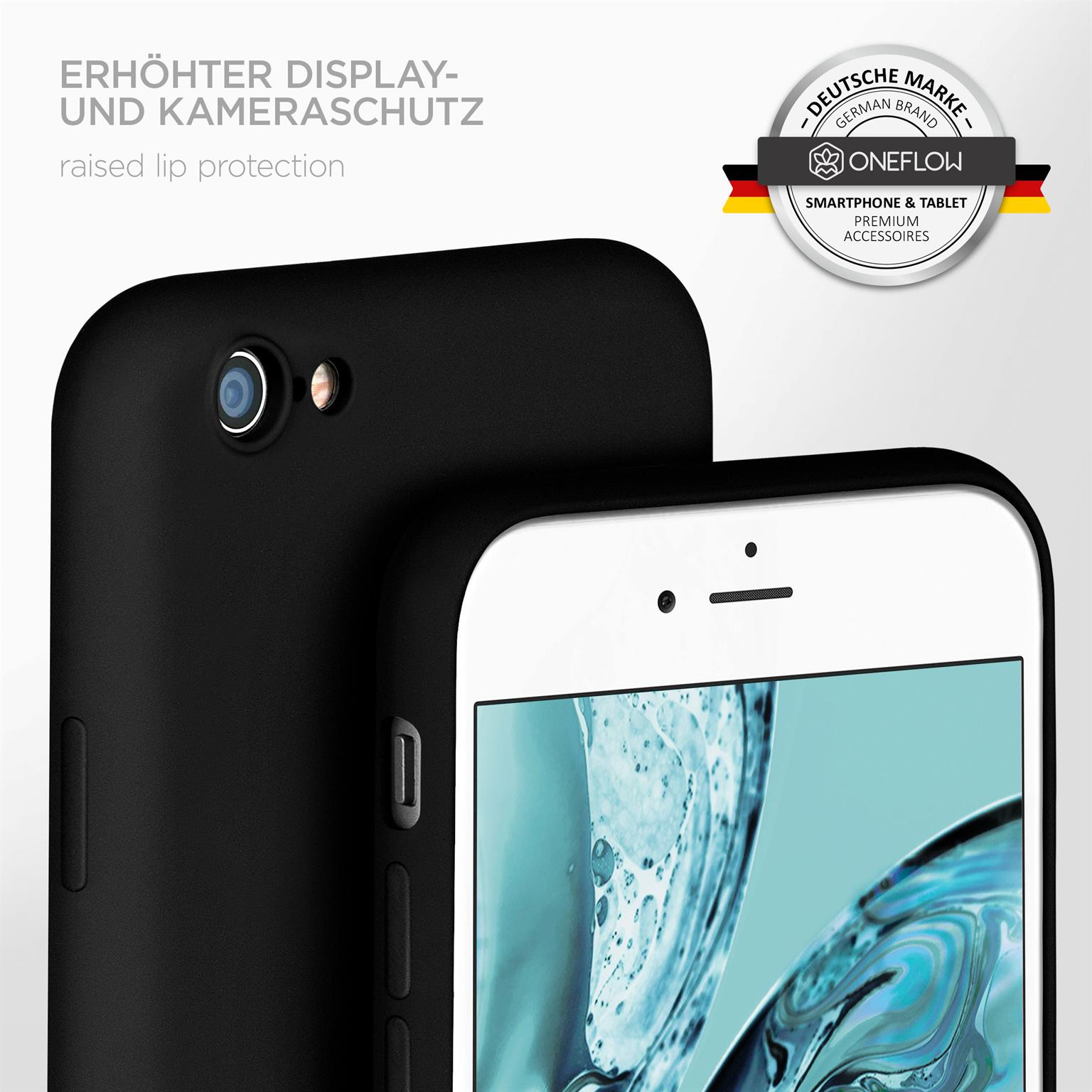 Schwarzes Telefon in Hülle mit weißem Bildschirm, schwarzem Hintergrund und Logo.