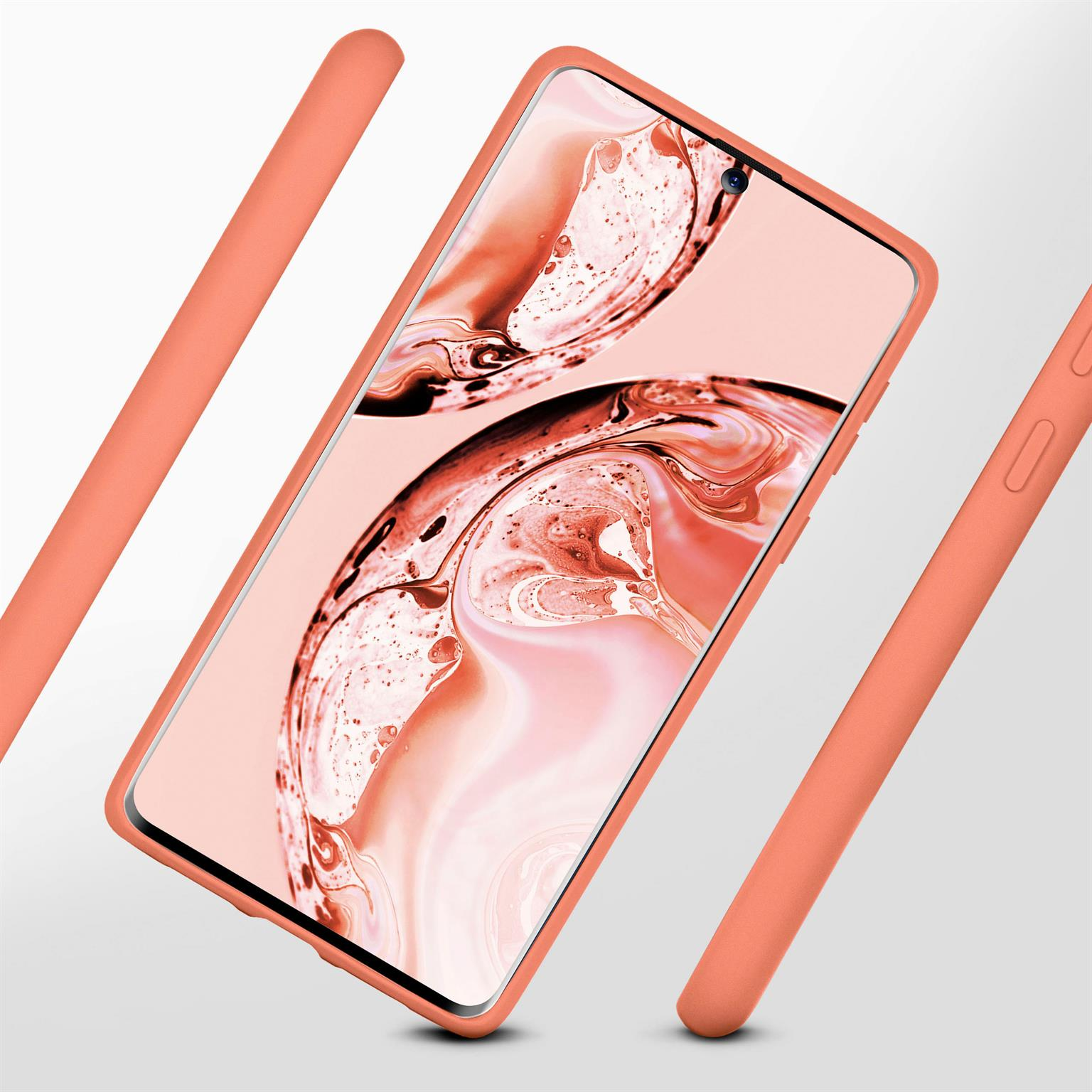 Pfirsichfarbene Handyhülle umgibt ein Telefon, mit zwei zusätzlichen Hüllen im Hintergrund.