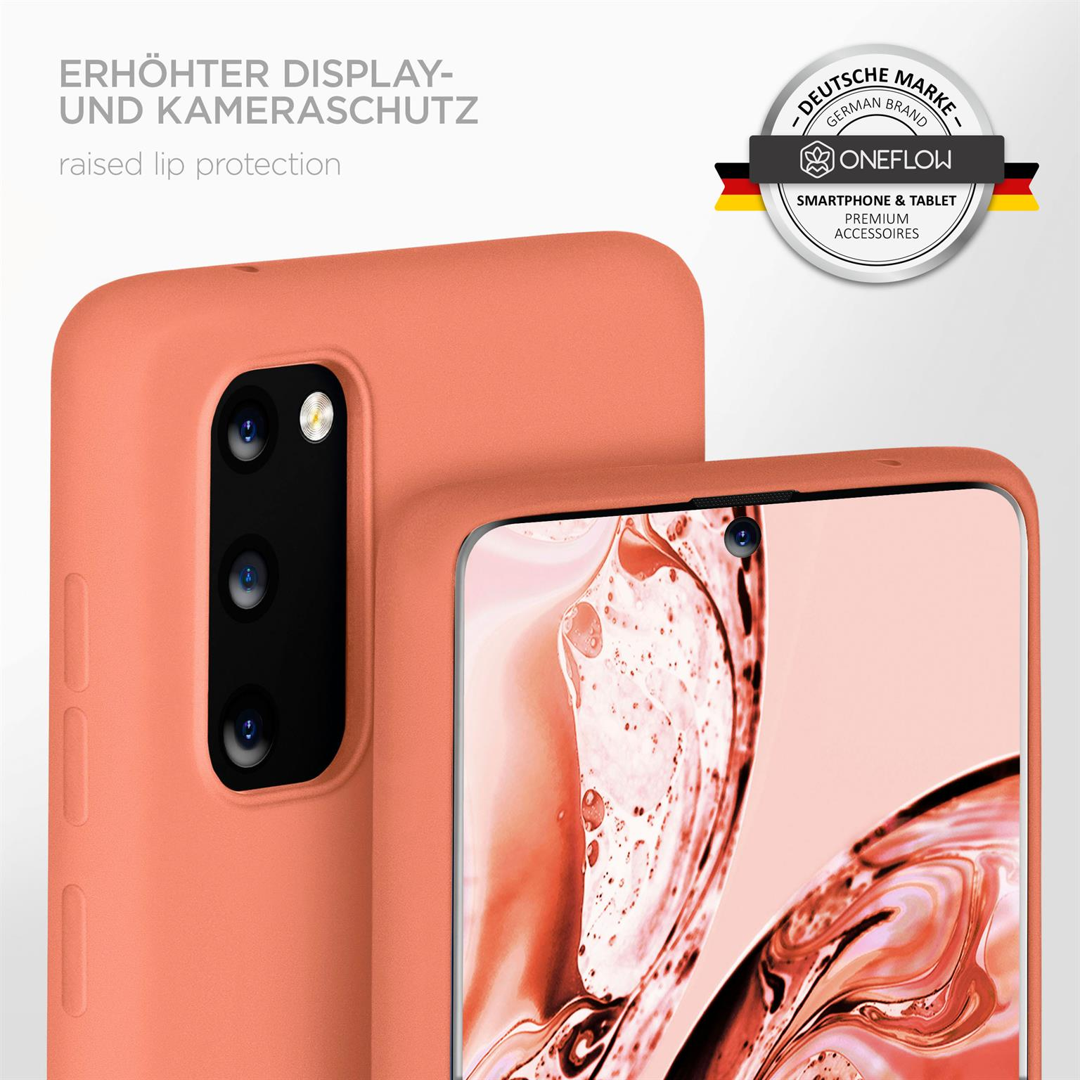 Nahaufnahme einer orangefarbenen Handyhülle mit erhöhtem Rand. Ein Logo und Text befinden sich oben.