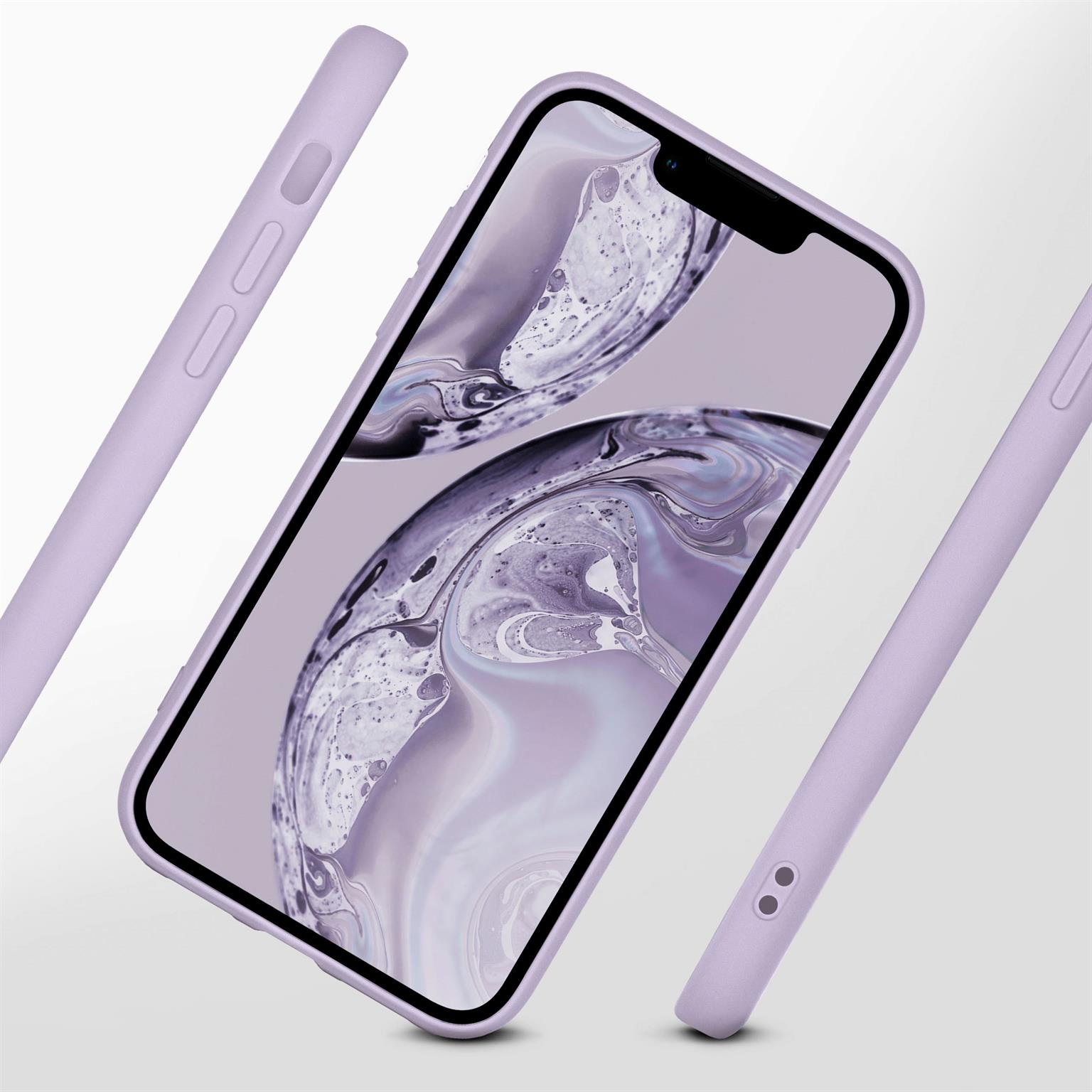 Lila Handyhülle auf lila Telefon. Drei Hüllen werden gezeigt. Weißer Hintergrund.