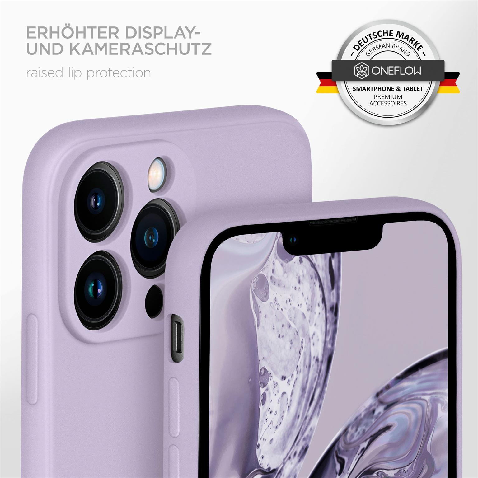 Lilafarbene Handyhülle mit Telefon. Text: Erhöhter Lippenschutz.
