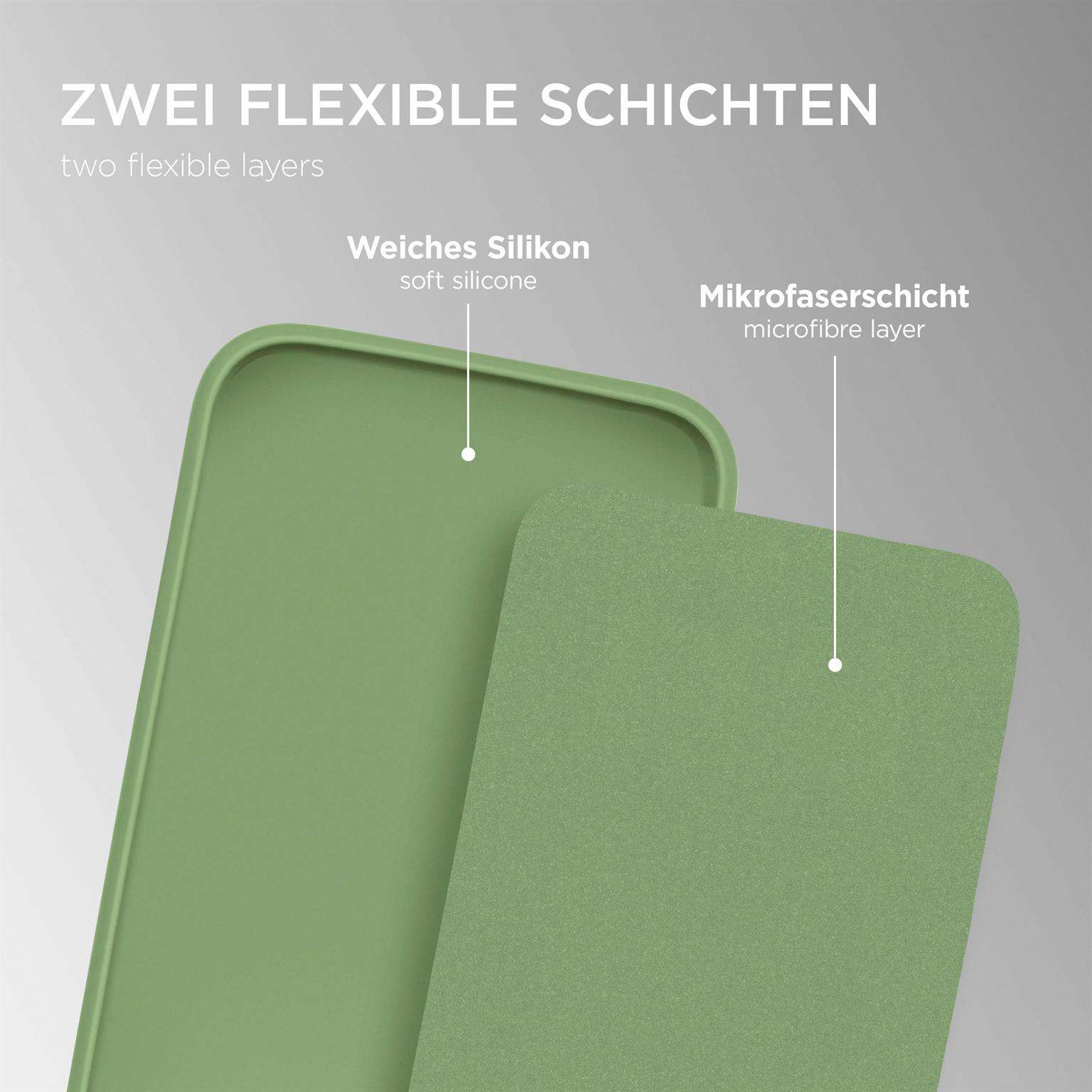 Zwei Handyhüllen-Schichten. Weiches Silikon und Mikrofaser-Schicht. Text: Zwei flexible Schichten.