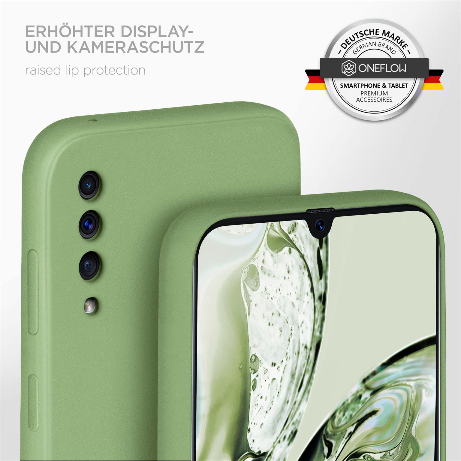 Grüne Handyhülle, Text 'Erhöhter Display- und Kameraschutz', Logo.