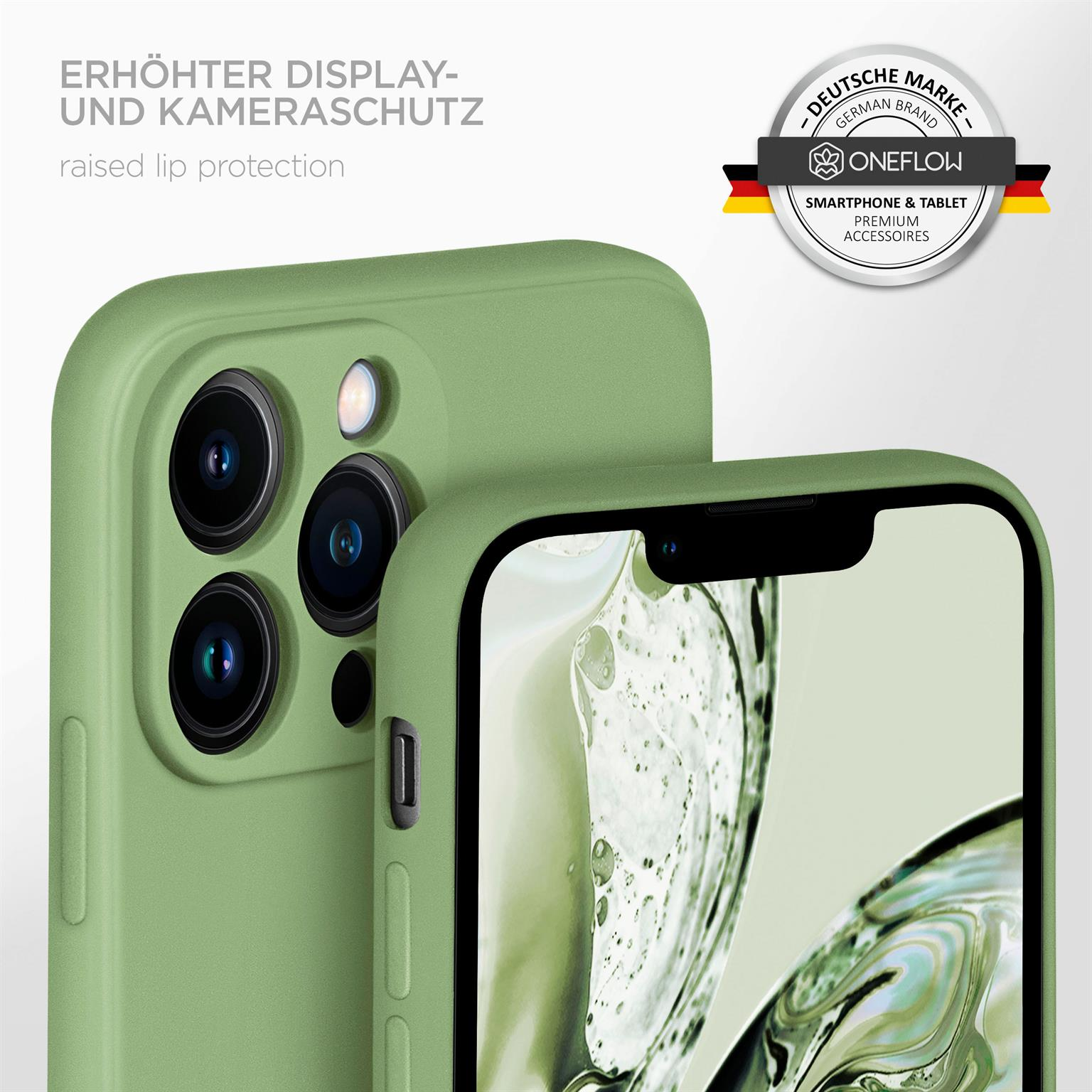 Eine grüne Handyhülle mit einem Telefon darin. Die Hülle schützt Kamera und Bildschirm.