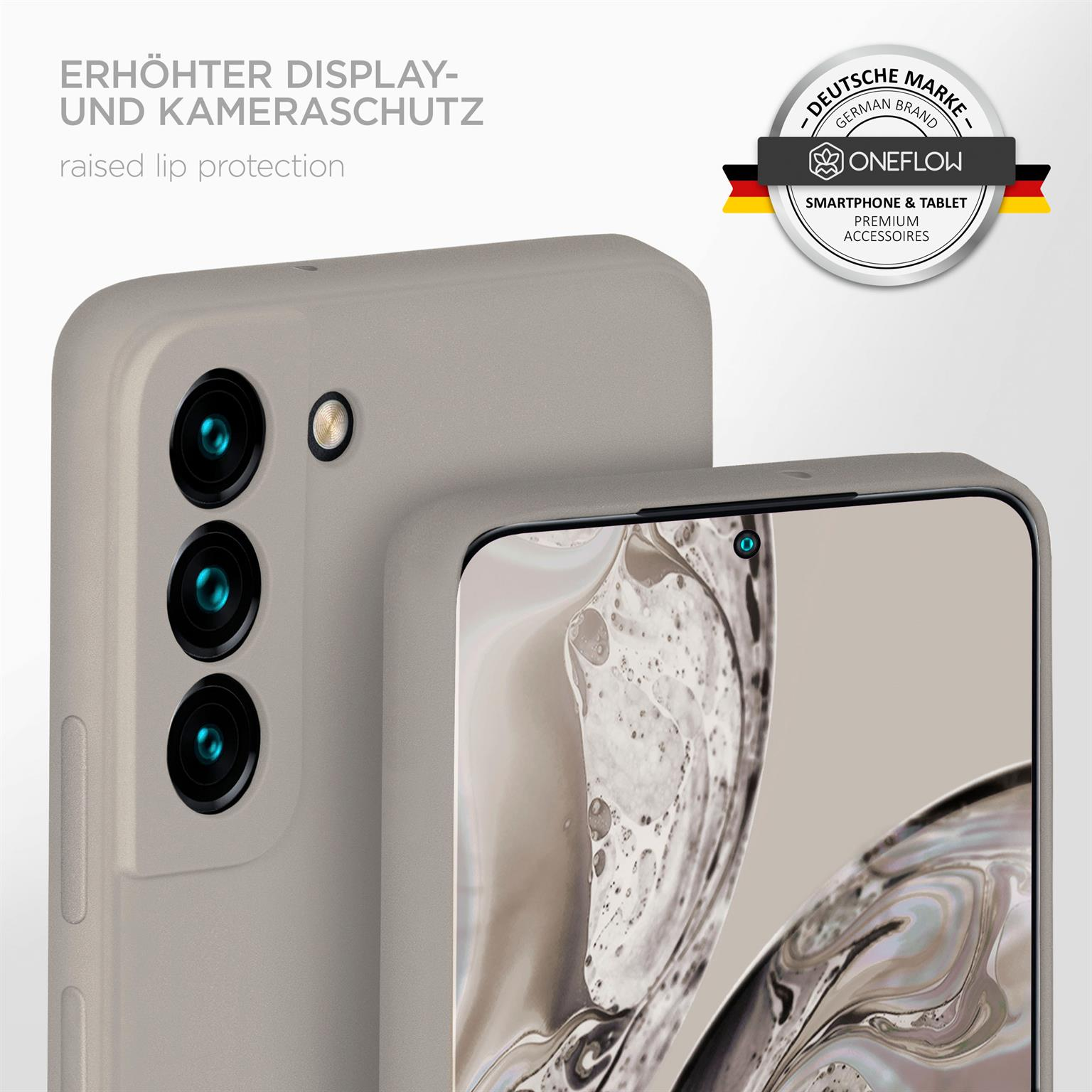 Handyhülle auf einem Telefon, mit erhöhtem Lippenschutz, in Grau, mit einem Markenlogo.