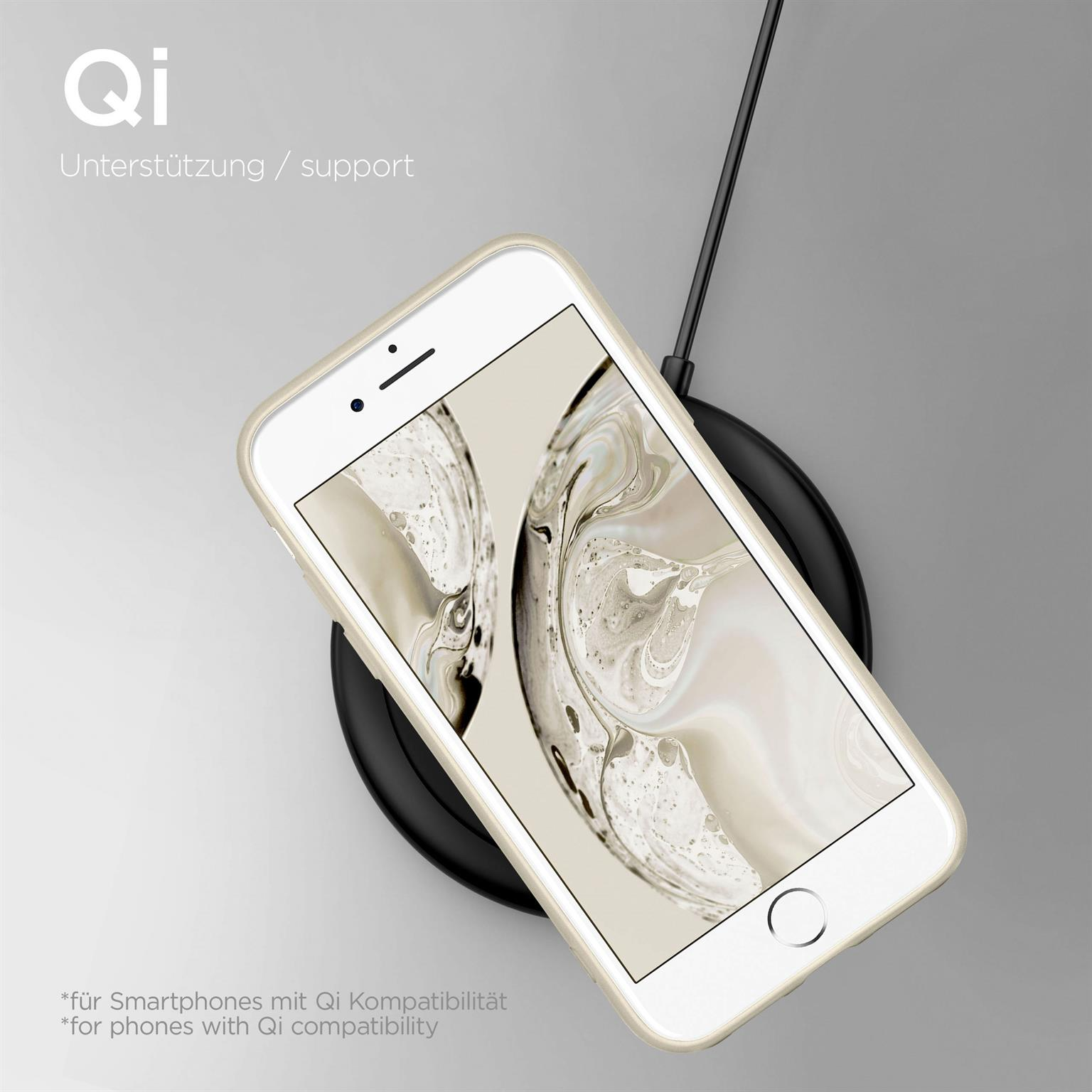 Weißes Telefon auf kabellosem Ladegerät. Schwarzes Ladepad. Text: 'Qi-Unterstützung' und 'für Qi-kompatible Telefone'.