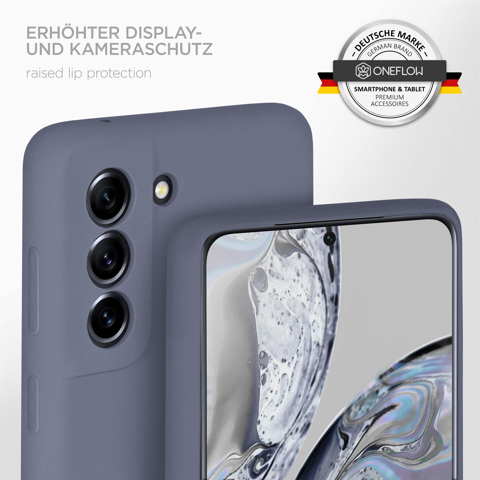 Eine graue Handyhülle mit erhöhtem Lippenschutz. Das Telefon ist in der Hülle. Im Hintergrund ein Logo.