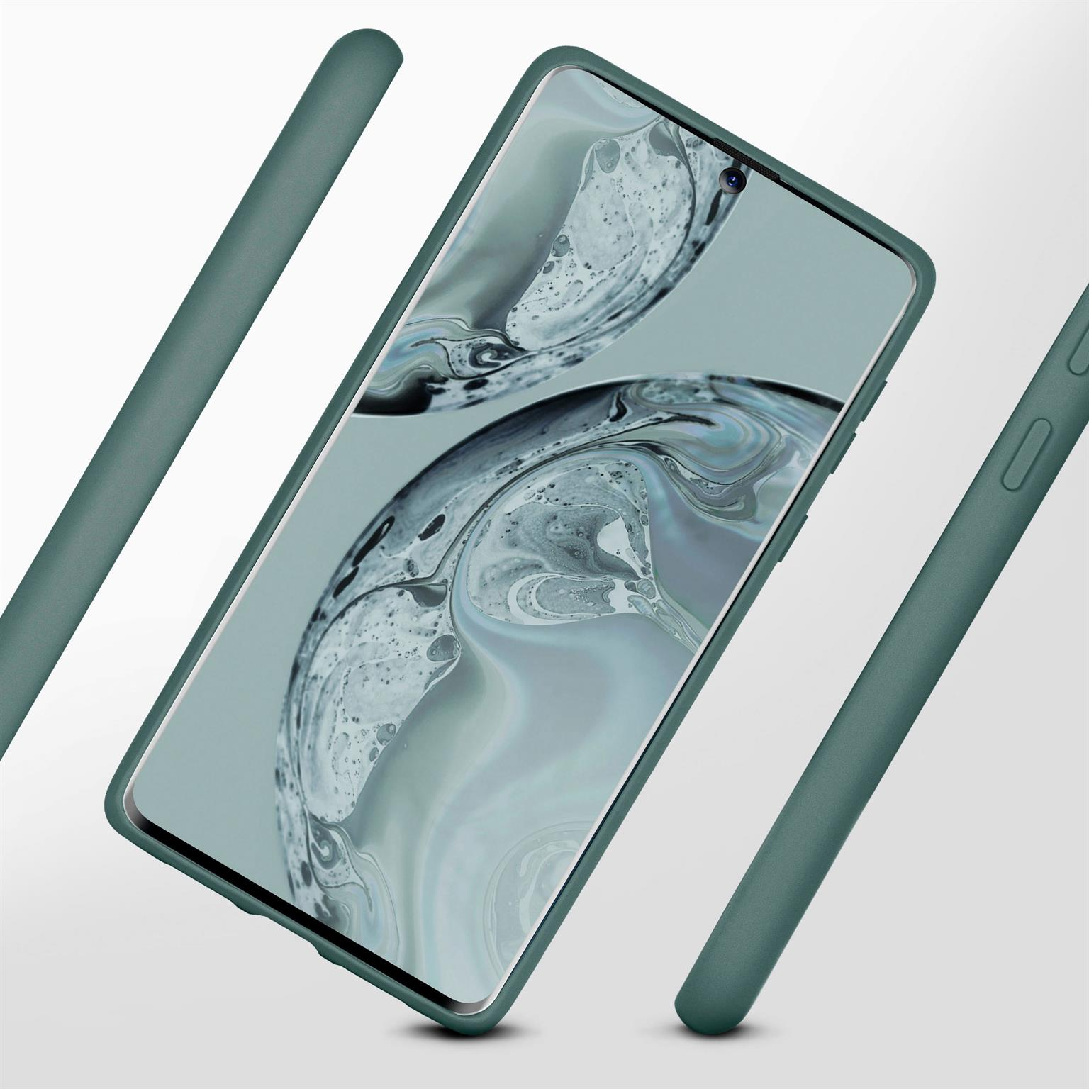 Eine grüne Handyhülle auf einem Telefon, mit grünen Linien.