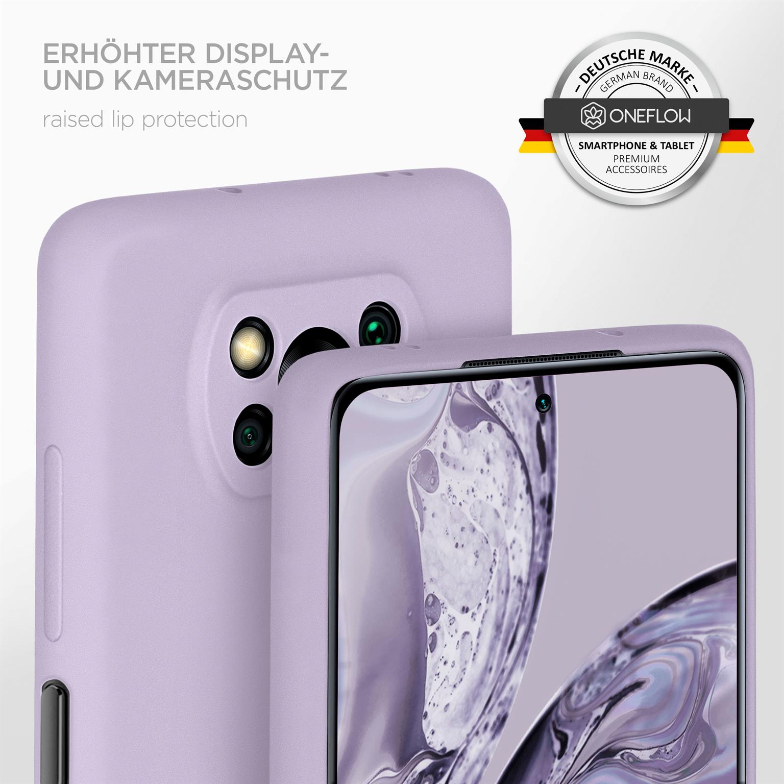 Lila Handyhülle mit Kameraausschnitten, erhöhter Kante und einem Telefonbildschirm. Deutscher Text und Logo sichtbar.
