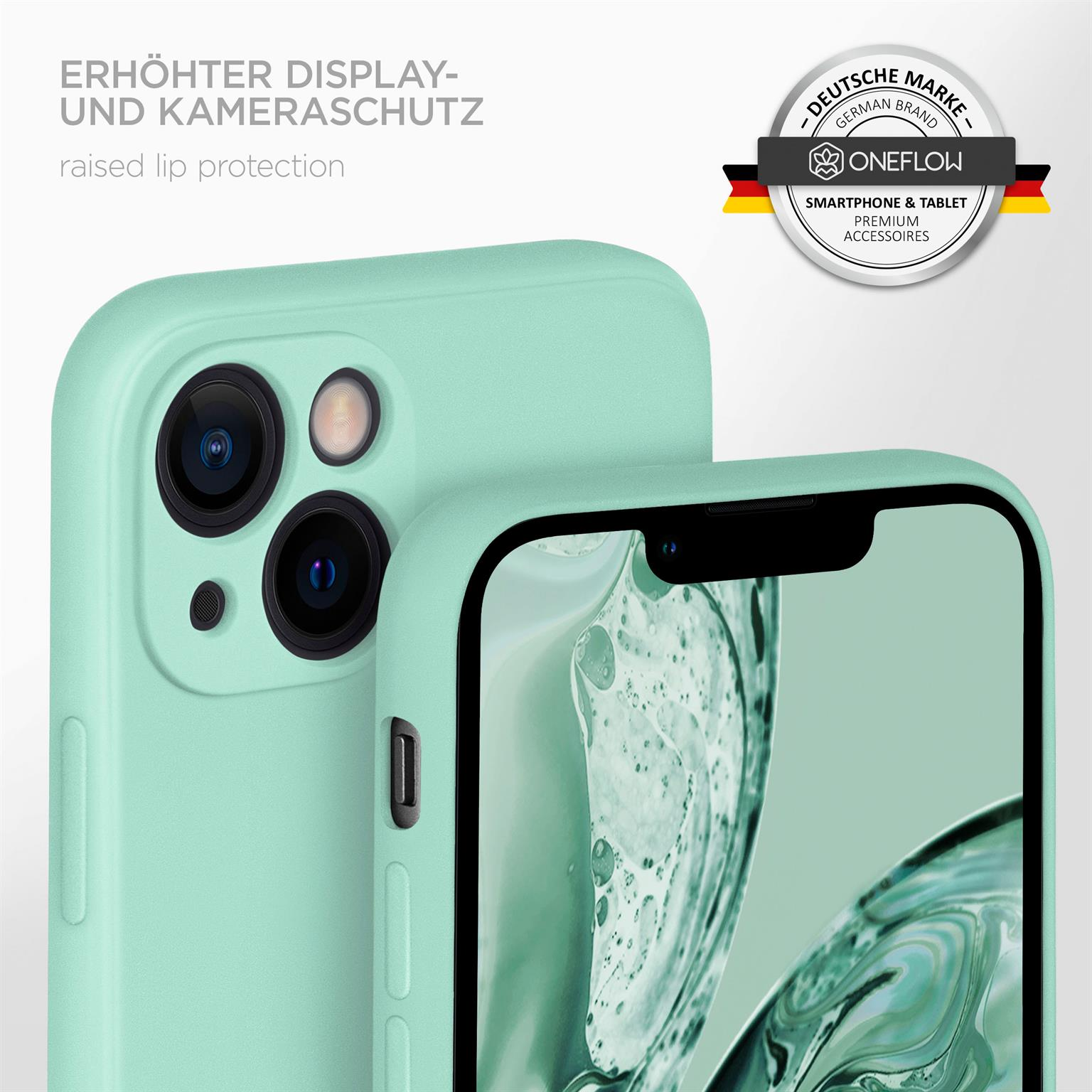 Mintgrüne Handyhülle, Telefon innen. Erhöhter Lippenschutz und ein Logo.
