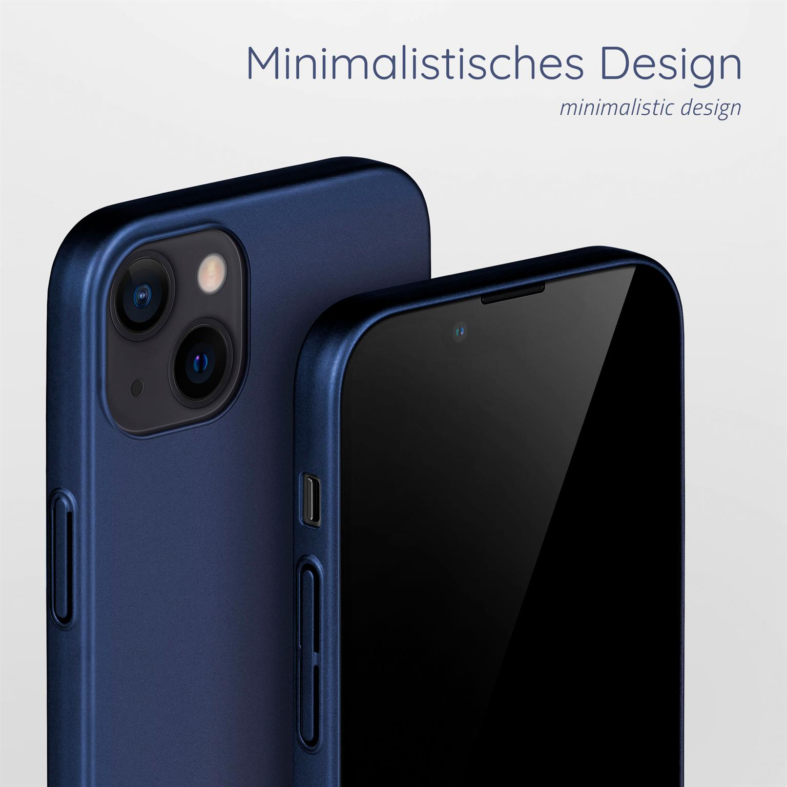 Blaue Handyhülle mit erhöhten Kanten. Telefon ist schwarz. Text oben sagt Minimalistisches Design.