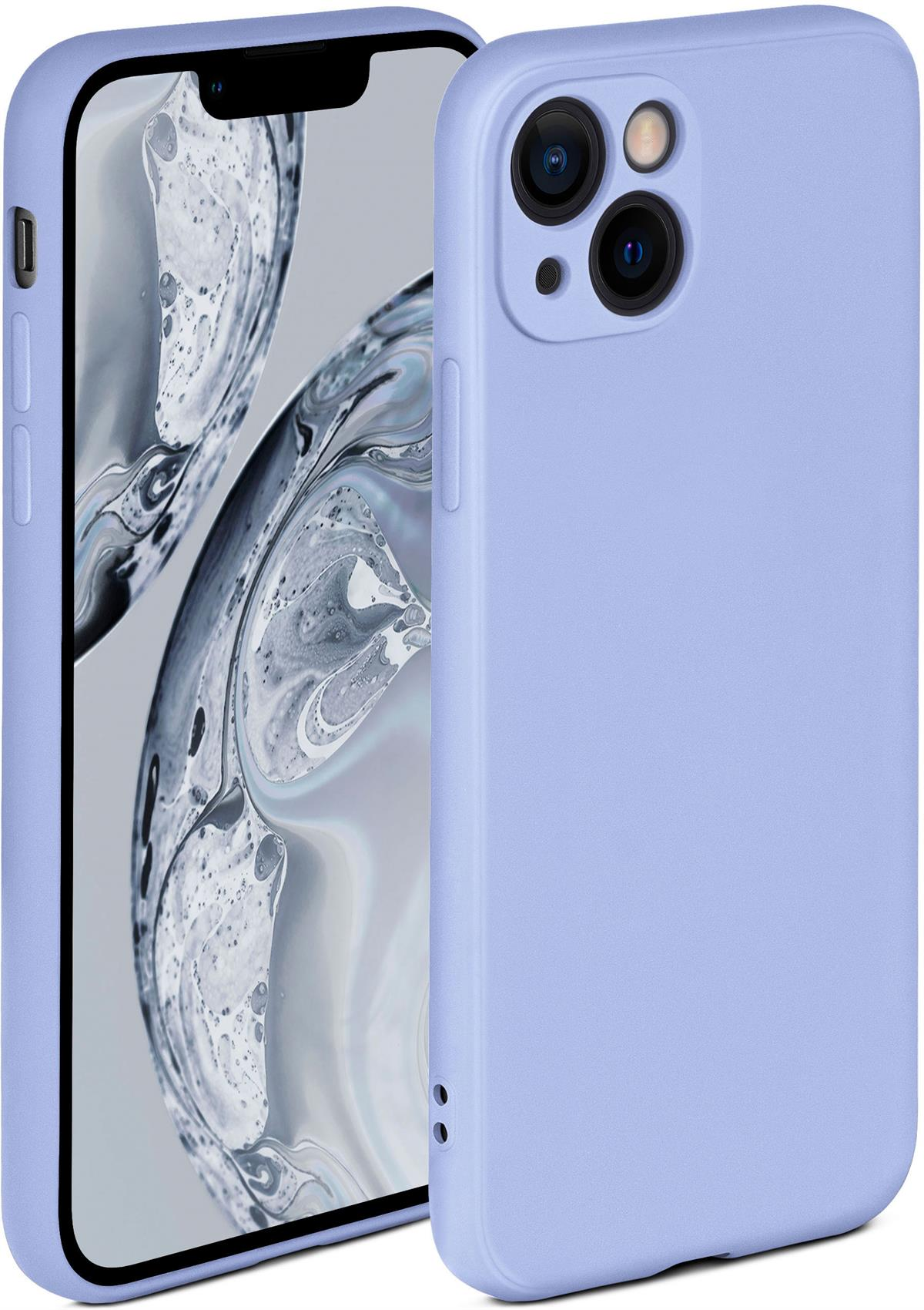 Hellviolette Handyhülle mit Telefon. Das Telefon hat ein Dreifachkamerasystem.