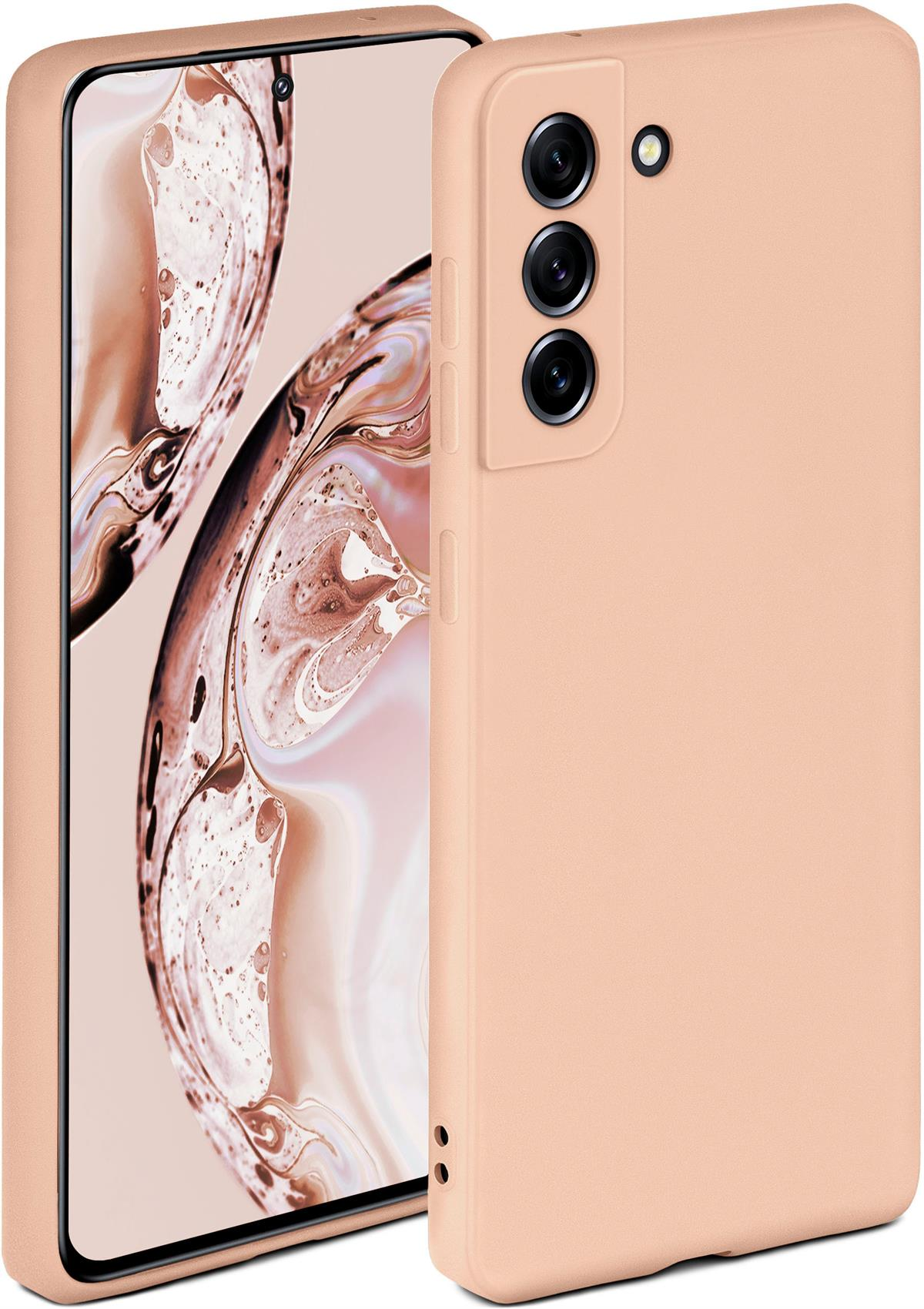 Eine pfirsichfarbene Handyhülle mit einem Telefon darin. Die Hülle hat einen Kameraausschnitt.