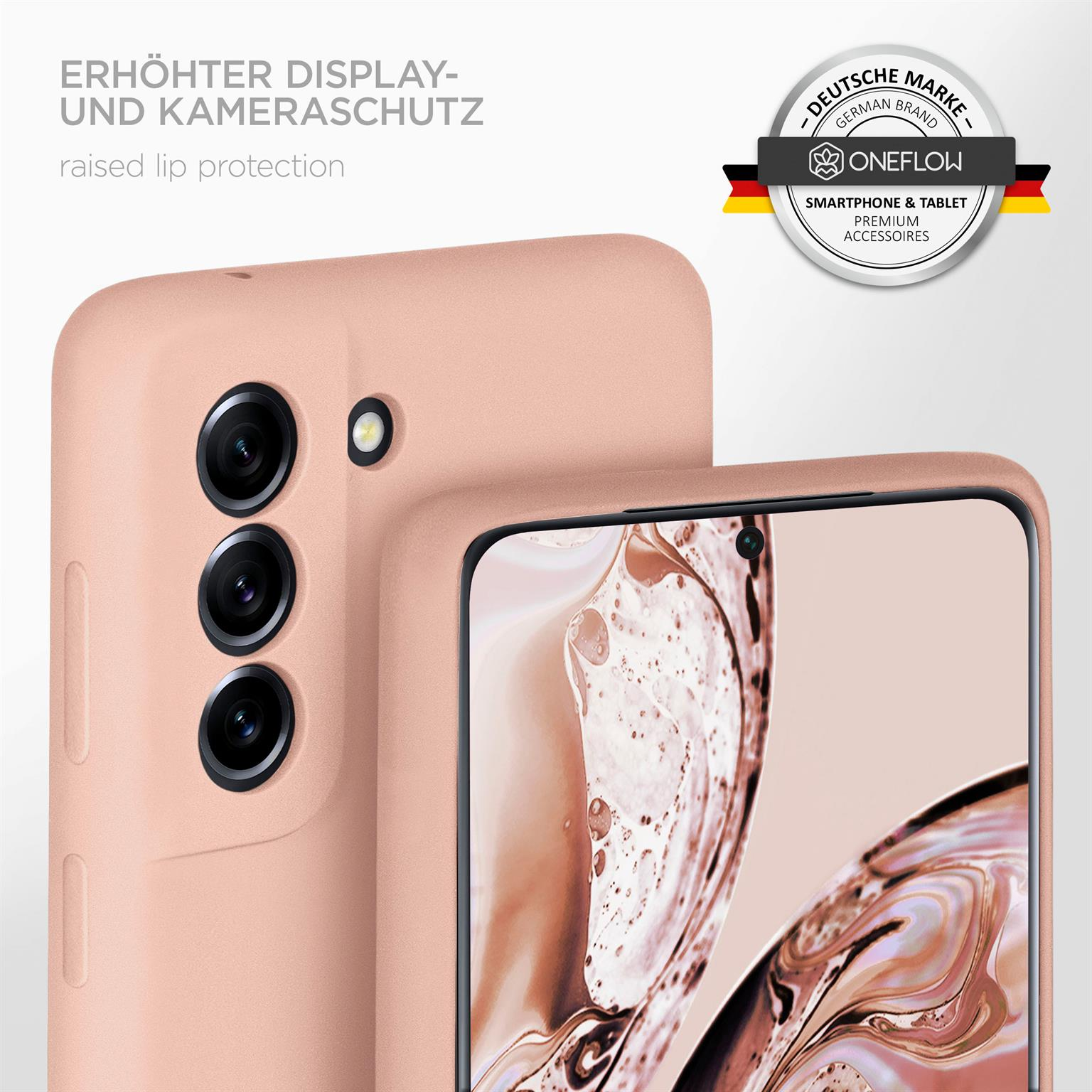 Rosa Handyhülle und Telefon. Erhöhter Lippenschutz und ein Logo an der Seite.