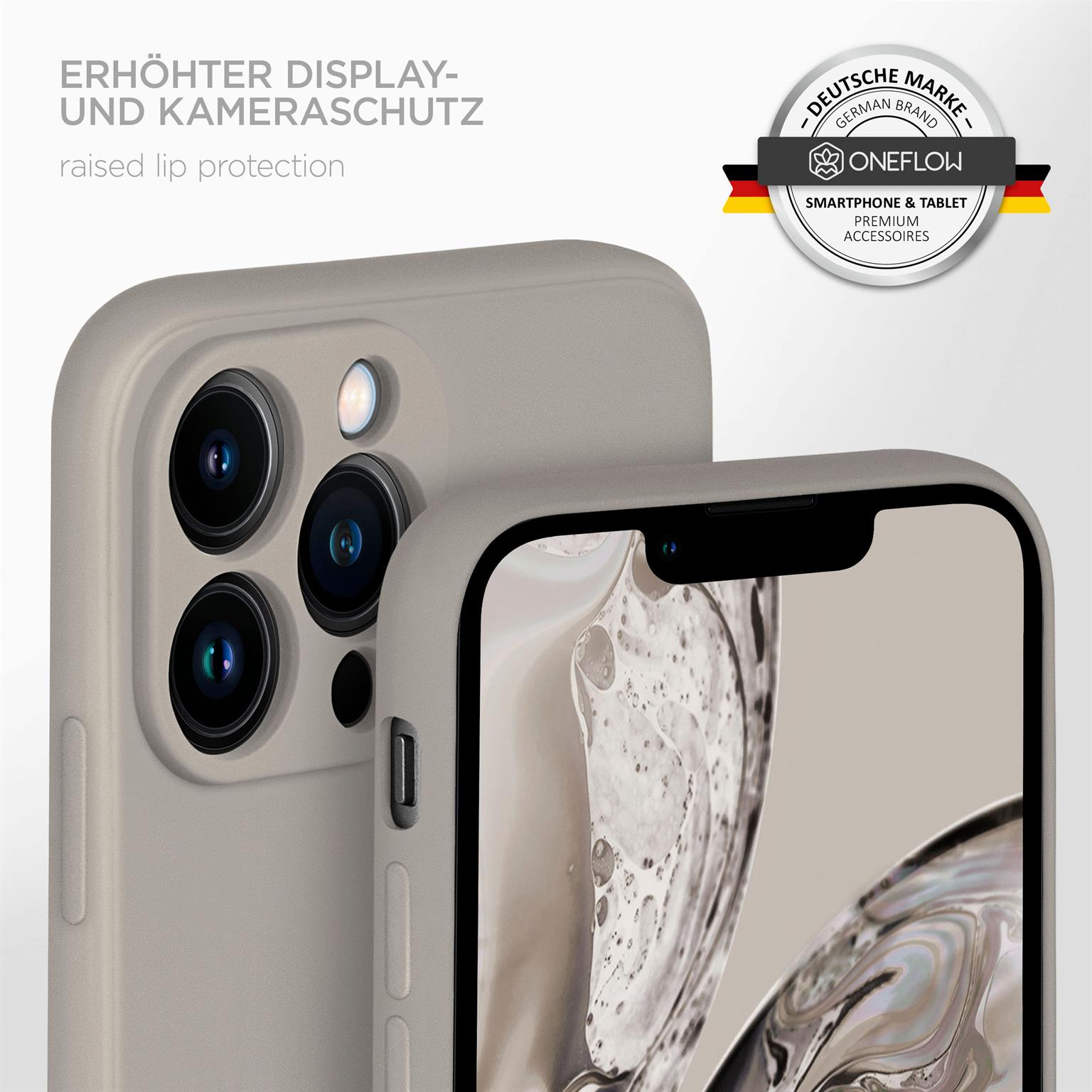 Handyhülle auf einem Telefon mit erhöhtem Displayschutz. Deutscher Text und Logo.