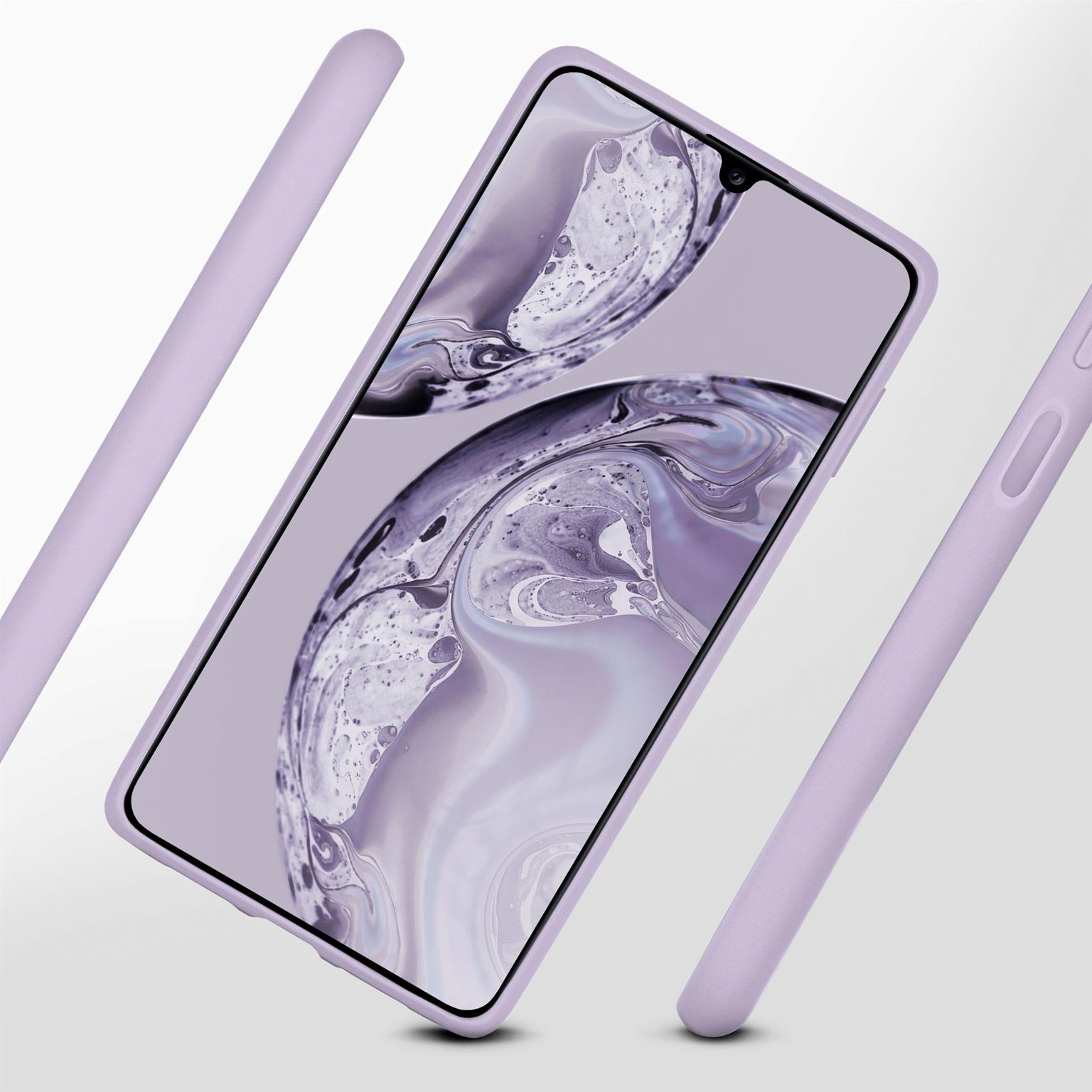 Lila Telefon in Hülle. Zwei lila Balken. Telefon hat Bildschirm mit lila Hintergrund.