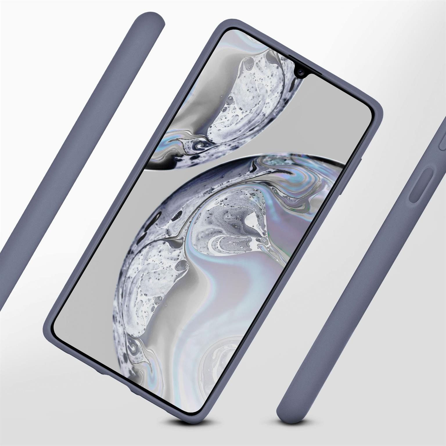 Telefon mit blauer Hülle. Telefonbildschirm hat Hintergrundbild. Gehäuseteile sind sichtbar.