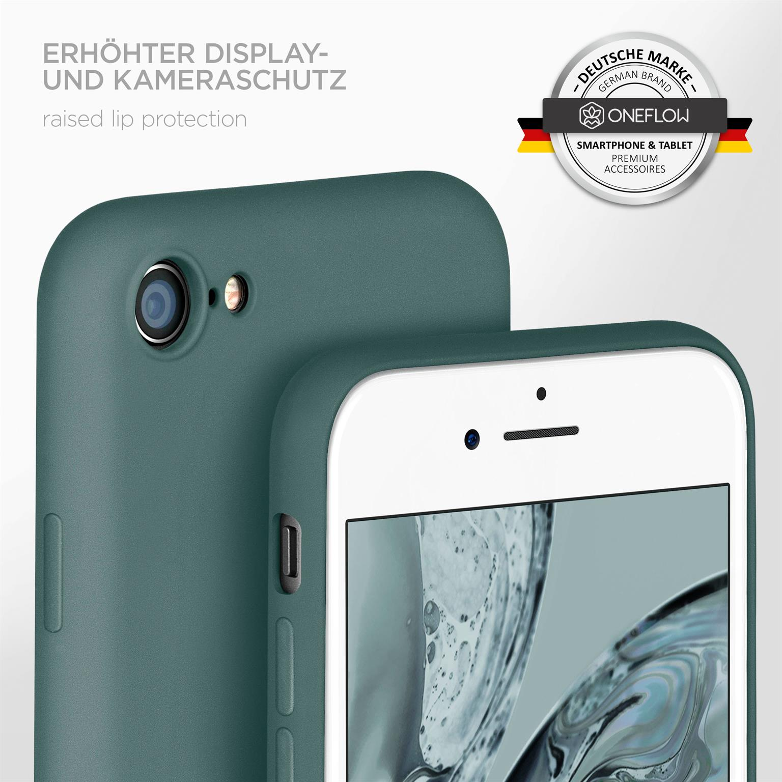 Grünes Telefon in einer Hülle, mit einem weißen Telefon daneben. Text: erhöhter Lippenschutz, deutsche Marke.